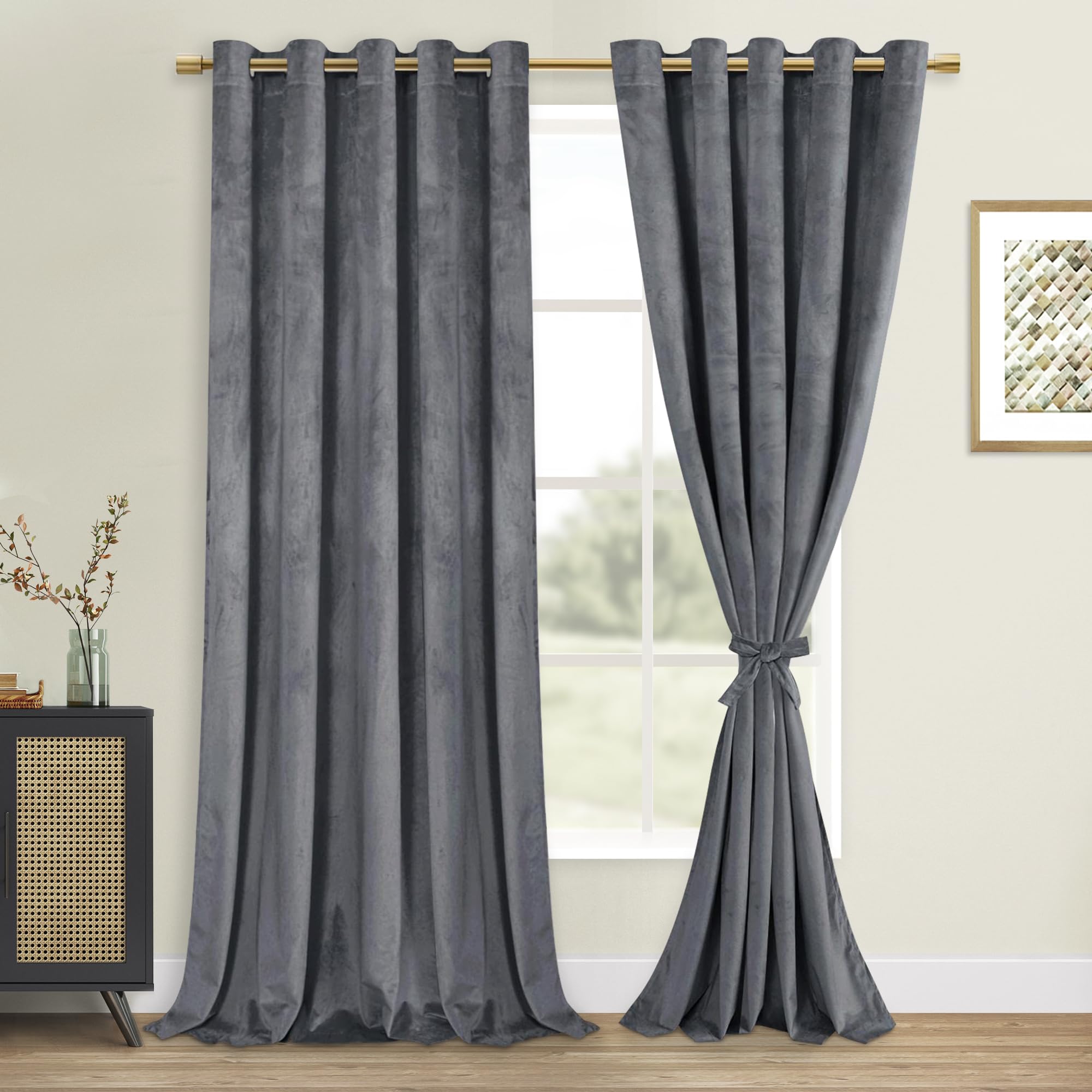 DWCN Extra Wide Grey Velvet Curtains - 84 Inches Long Thick Grommet Tieable Window Treatments Blackout Room Darkening Privacy Pr