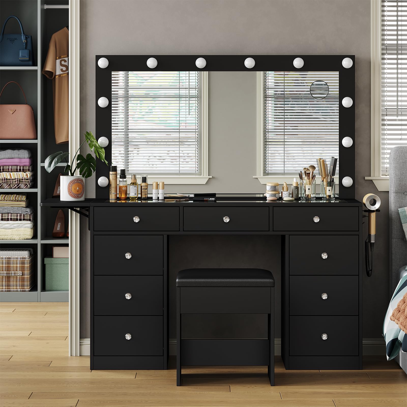 Vanity Desk with Power Outlet, Makeup Vanity with Lighted Mirror, 3 Lighting Modes Adjustable, 9 Drawers Vanity Set with Fold-up