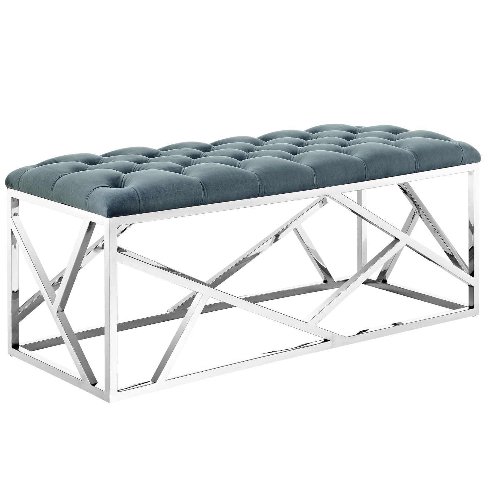 Modway Intersperse Button-Tufted Contemporary Modern Bench With Metallic Geometric Frame, Silver Sea Blue