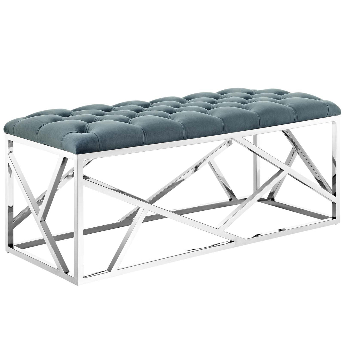 Modway Intersperse Button-Tufted Contemporary Modern Bench With Metallic Geometric Frame, Silver Sea Blue