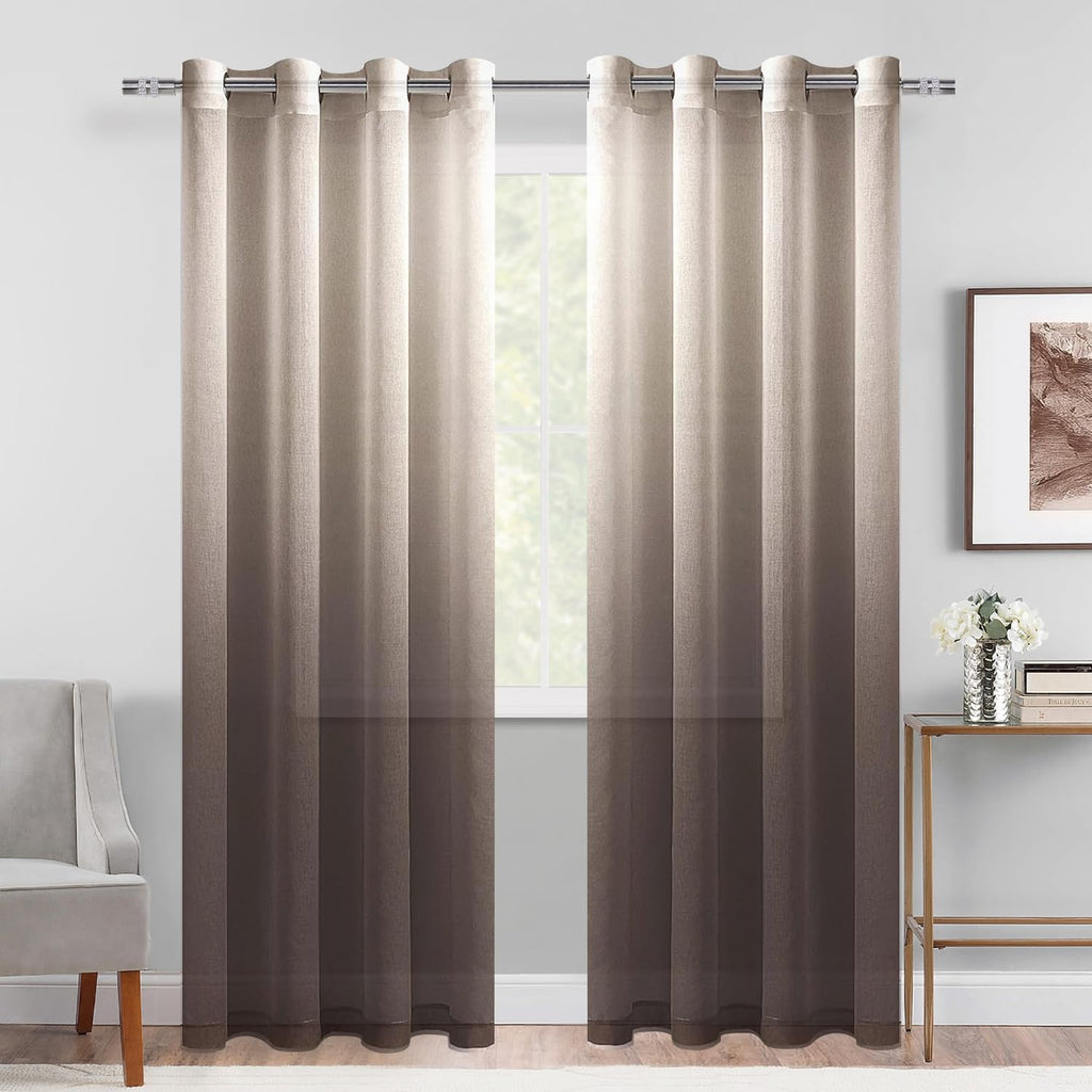 DWCN Ombre Sheer Curtains - Faux Linen Gradient Grommet Top Semi Voile Drapes for Bedroom and Living Room, Set of 2 Window Curta