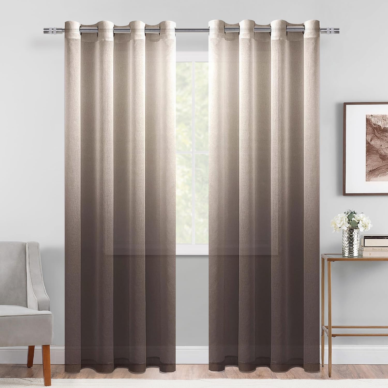 DWCN Ombre Sheer Curtains - Faux Linen Gradient Grommet Top Semi Voile Drapes for Bedroom and Living Room, Set of 2 Window Curta
