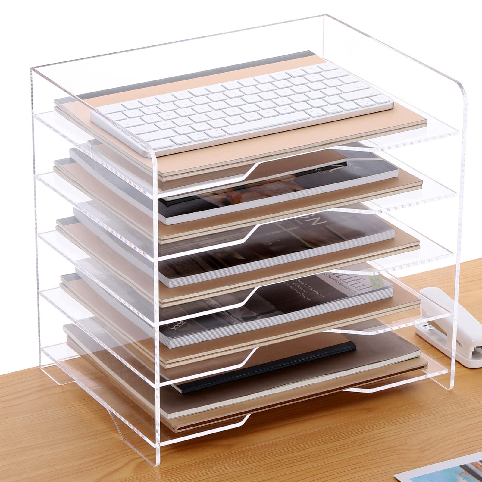 Sanrui Acrylic Paper Organizer Letter Tray For Desk, 5 Tier Enlarged File Sorter,Clear File Holder Desktop Shelf Document Storag