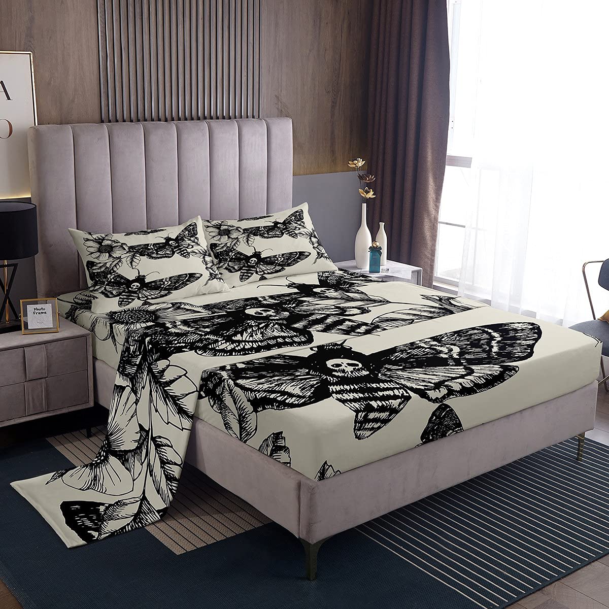 Gothic Skull Bedding Set Decorative Death Moth And Flowers Sheet Set Full Size For Kids Teens Adults Bedroom Decor Breathable Pe