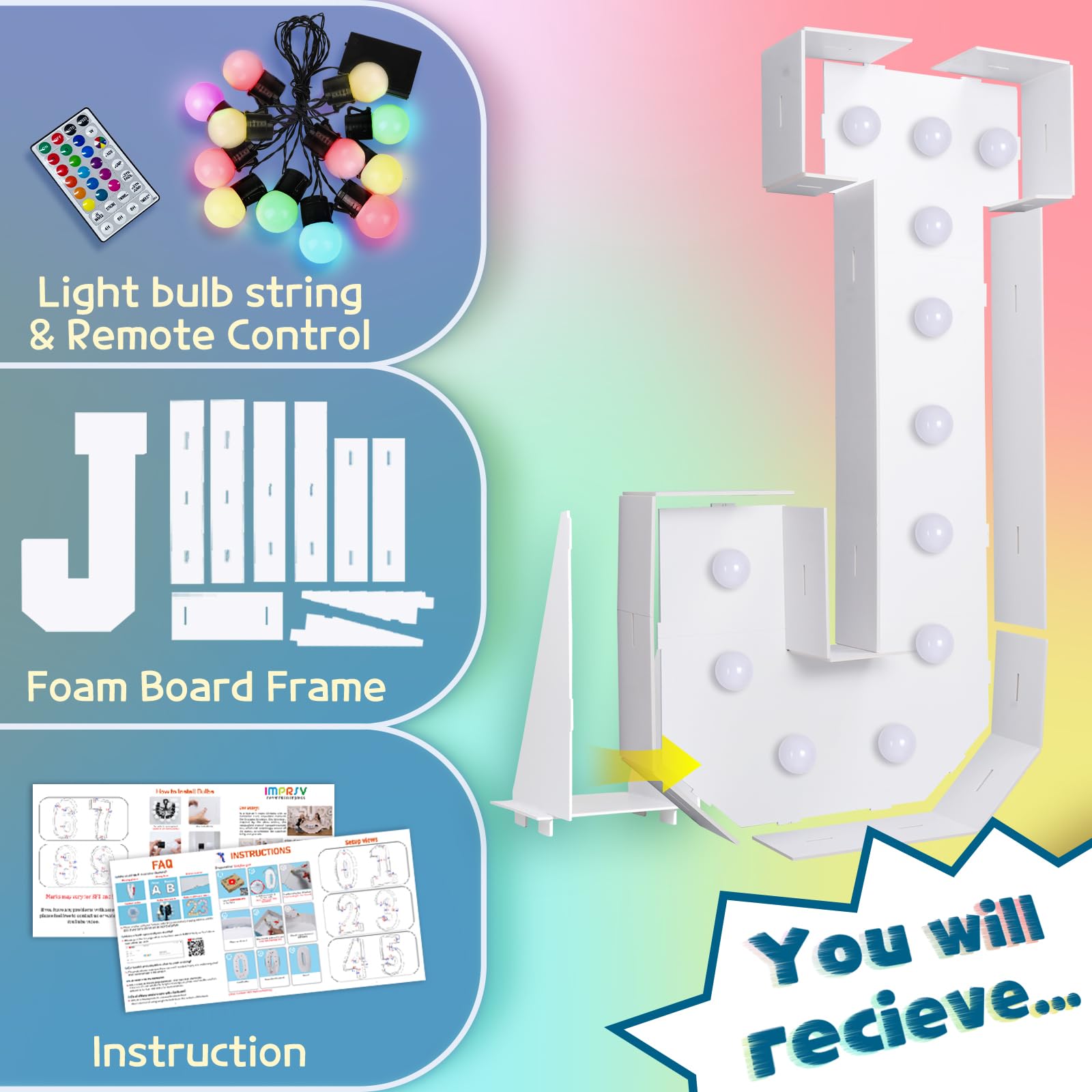 Imprsv 4Ft Colorful Marquee Light Up Letters J, 18 Colors Light Up Letters Alphabet Sign With Remote, One Letters First Birthday