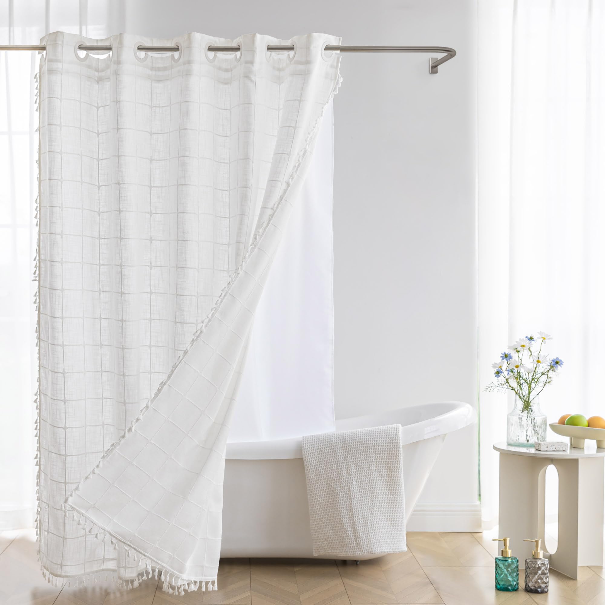 Farmhouse Shower Curtain with Snap-in Liner,No Hooks Needed,Boho Fabric Shower Curtains with Tassels for Rustic Neutral Bathroom