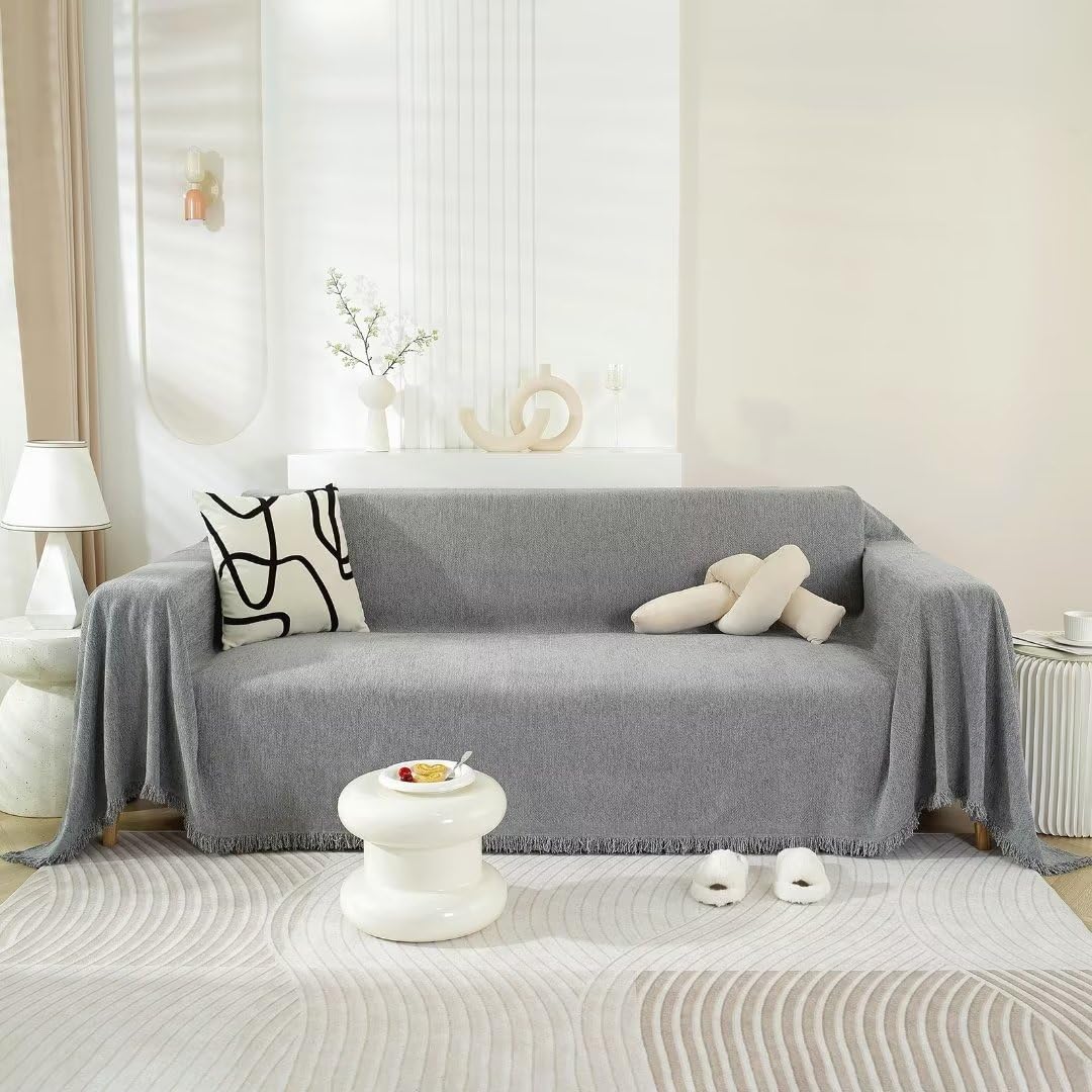 Roomlife Boho Couch Cover Sofa Covers With White Tassel Farmhouse Sofa Slipcover Simple Couch Protector For Dogs Chenille Sectio