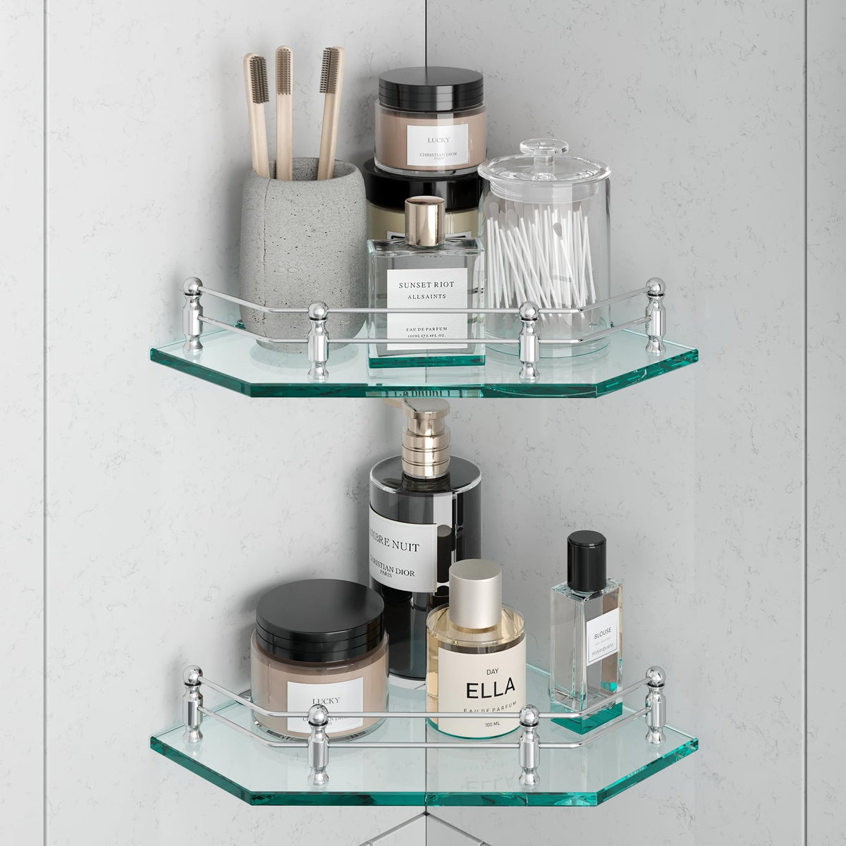 USF 9x9 Inches Glass Shelf for Bathroom | Corner Mounted Rack | Bearing Capacity 10 Kg | Transparent Glass | Suitable for Bath E