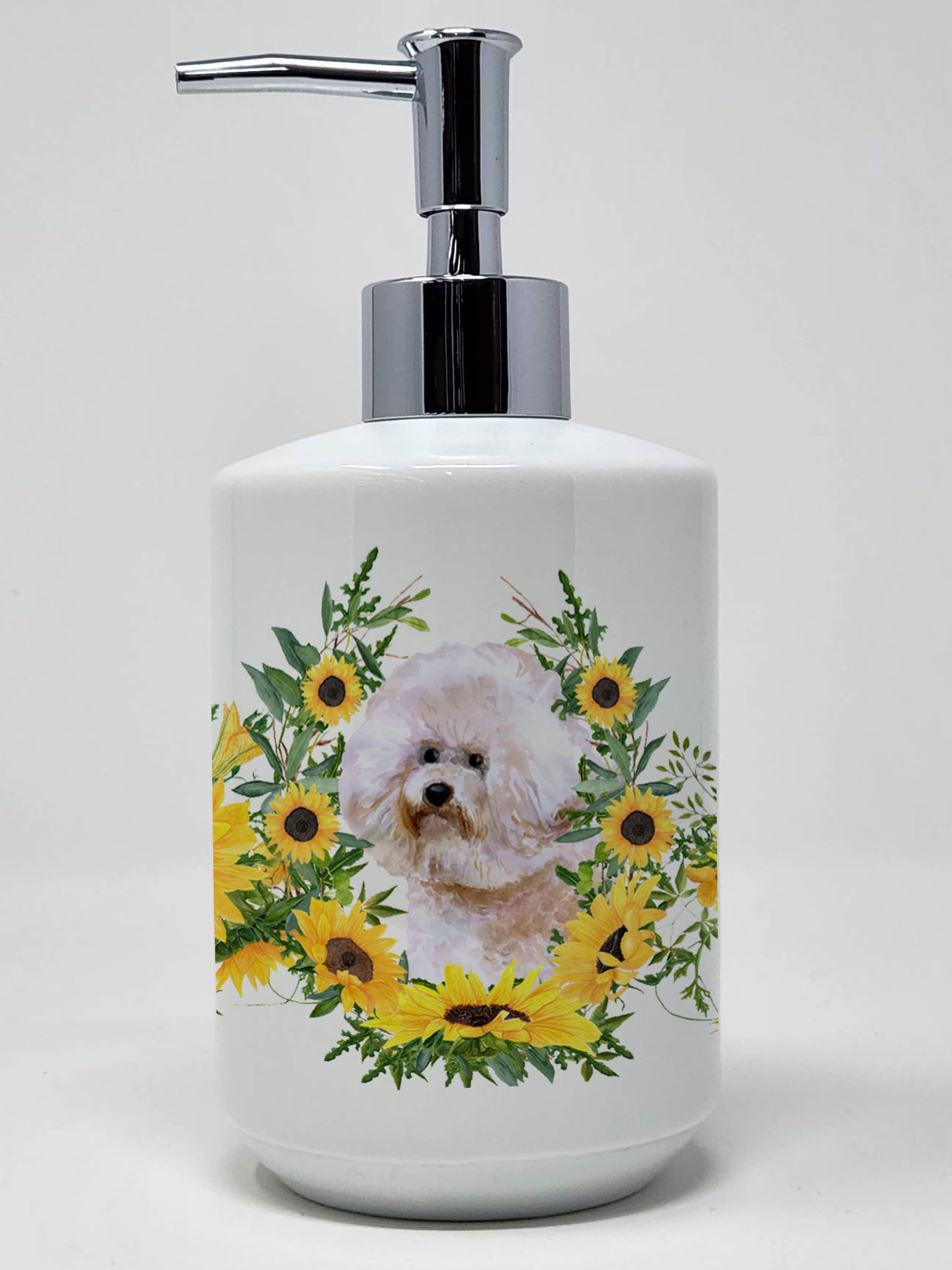 Caroline's Treasures CK2897SOAP Bichon Frise #2 in Sunflowers Ceramic Soap Dispenser Hand Soap Dispenser Pump Bottles for Bathro