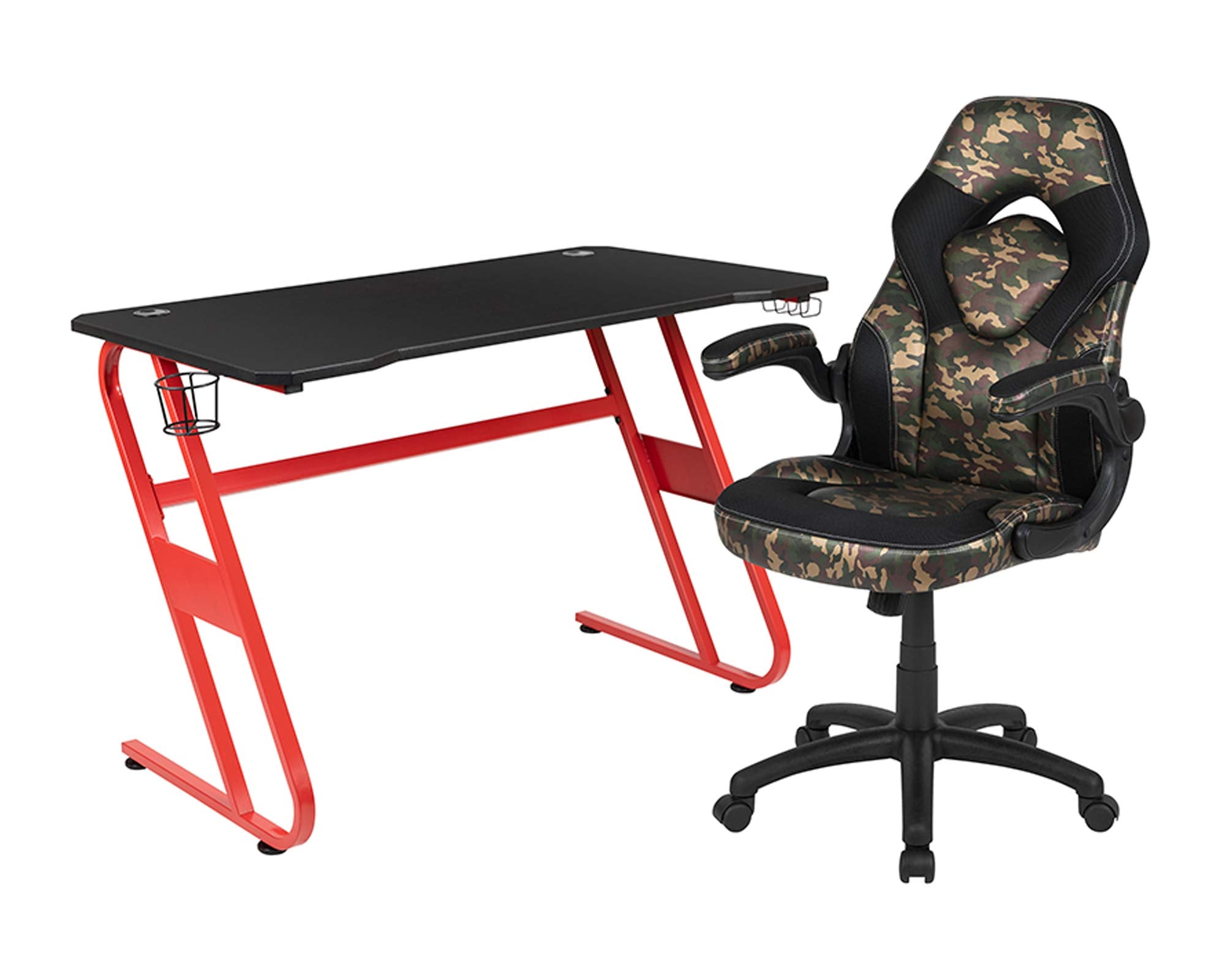 Flash Furniture Red Gaming Desk And Camouflage/Black Racing Chair Set With Cup Holder And Headphone Hook