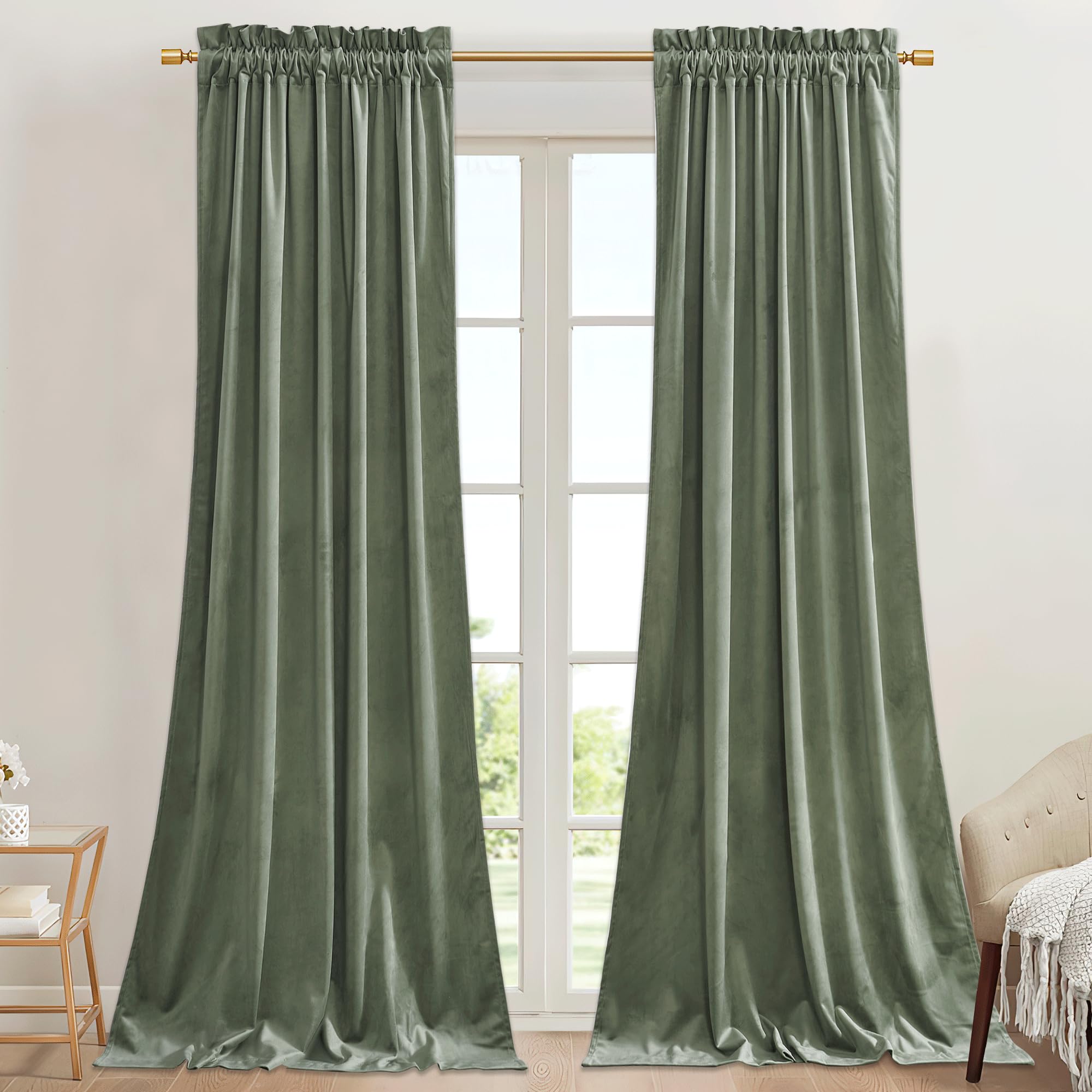 Stangh Nursery Kids Sage Green Velvet Curtains 96 Inches Room Darkening Noise Reducing Sliding Door Covering For Living Room/Clo