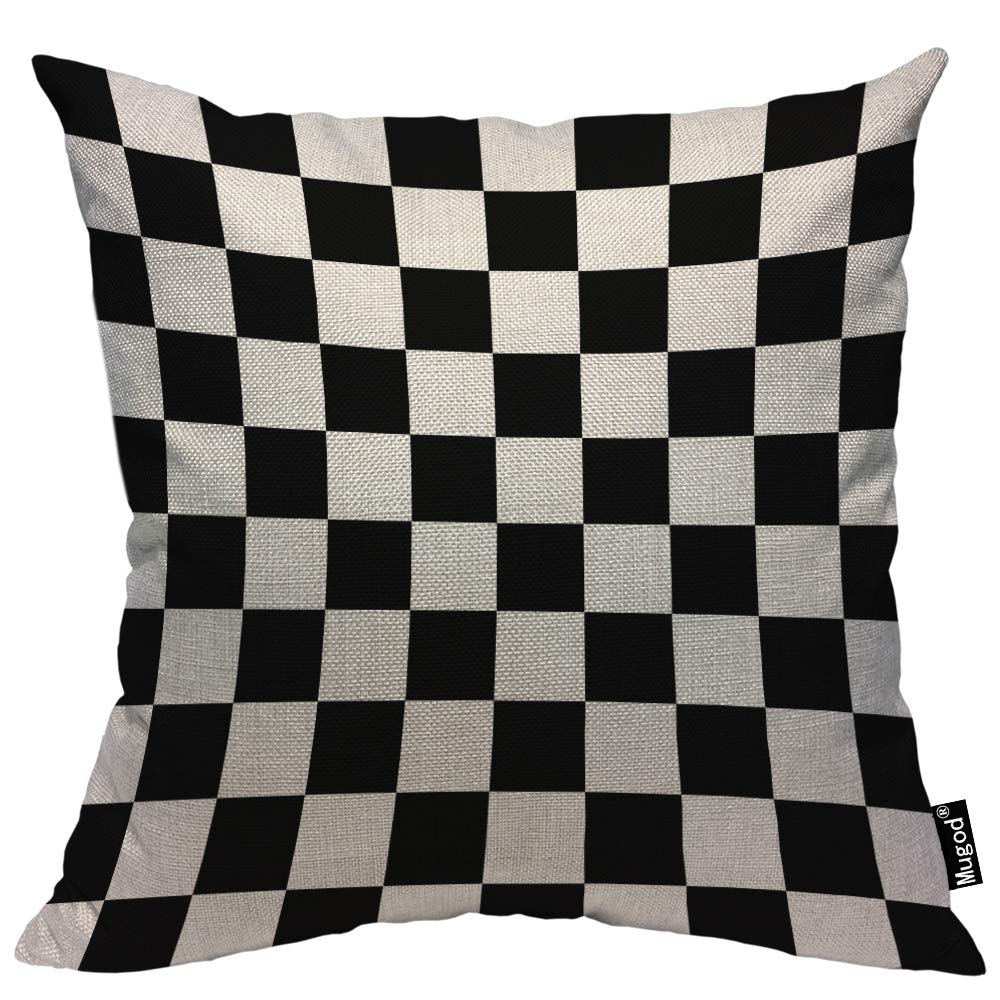 Mugod Checkerboard Decorative Throw Pillow Cover Case Geometric Checkered Plaid Pattern Black And White Cotton Linen Pillow Case