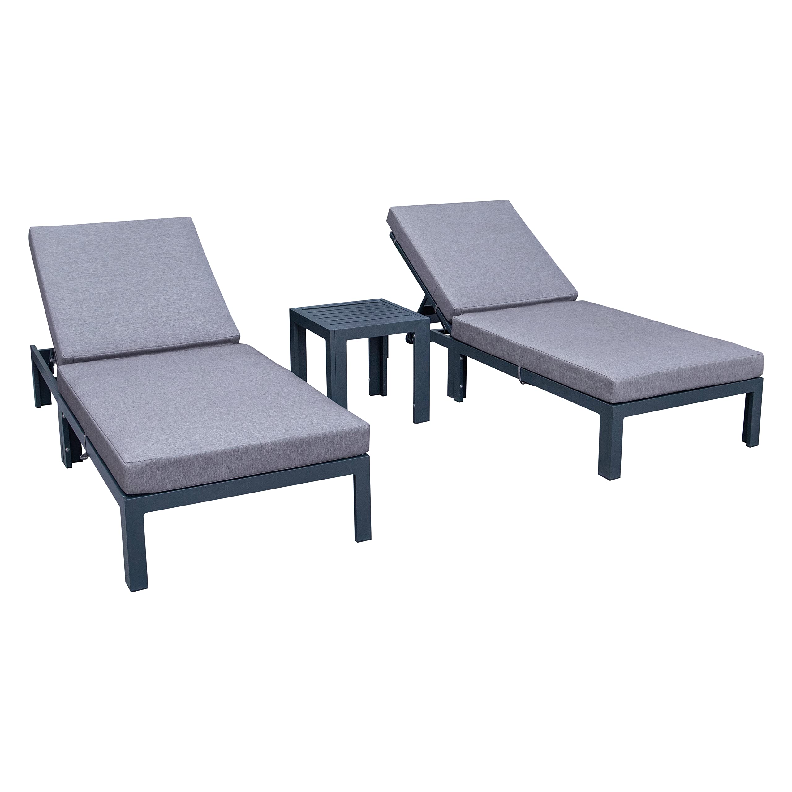 LeisureMod Chelsea Modern Aluminum Outdoor Chaise Lounge Chair Set of 2 with Side Table & Cushions (Blue)