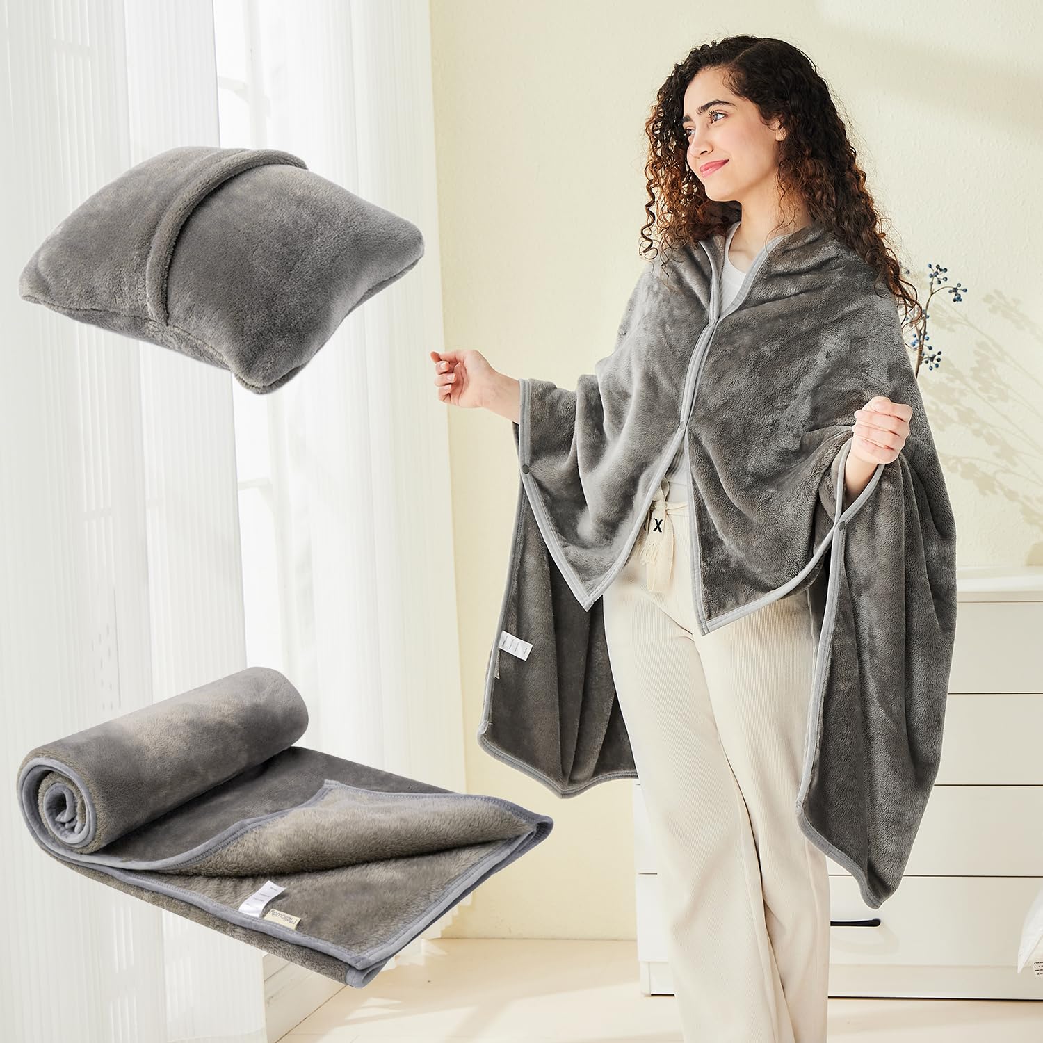 Mellowdy Shawl Blanket Pillow 2-In-1 With Sleeves For Office, Work, Home (Dark Grey, 40X60) - Wearable Adult Snuggie Coat Poncho