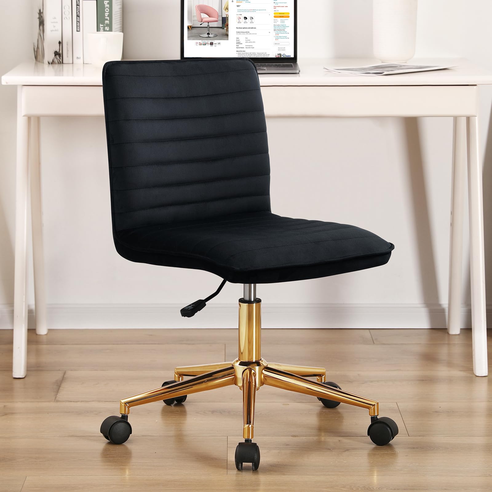 Furnimart Black Swivel Armless Desk Chair with Wheels, Small Velvet Upholstered Home Office Chair Mid-Back Adjustable Chair for 