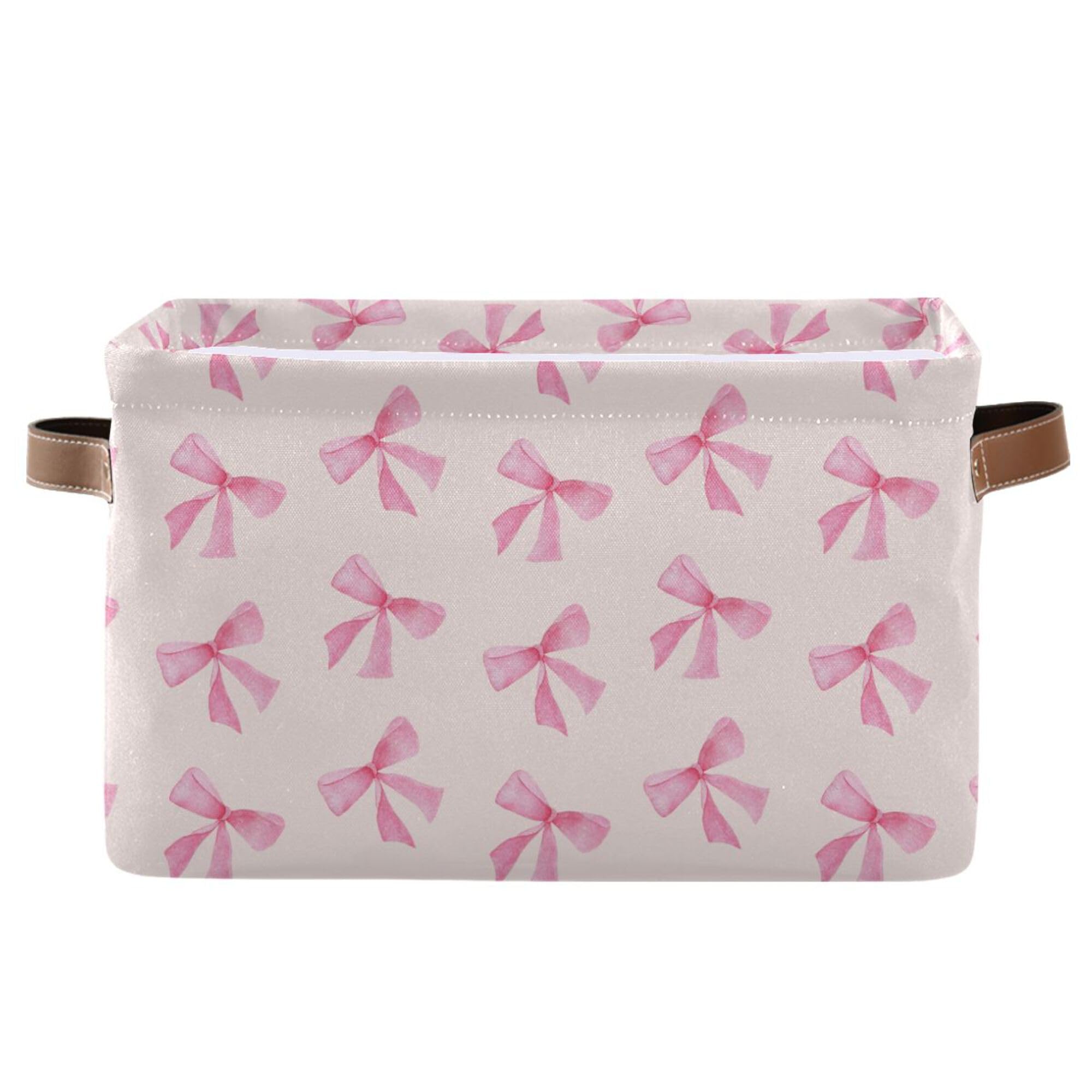 xigua Bow Storage Basket Collapsible Toy Storage Bins Waterproof Canvas Storage Basket with Leather Handles for Home Closets Off