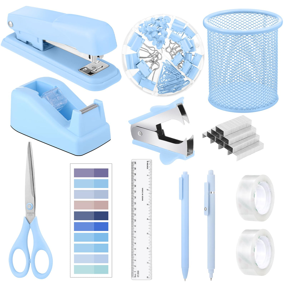 13 In 1 Blue Desk Accessories, Blue Office Supplies Include Blue Stapler And Tape Dispenser, Tape, 1000 Staples, Staple Remover,