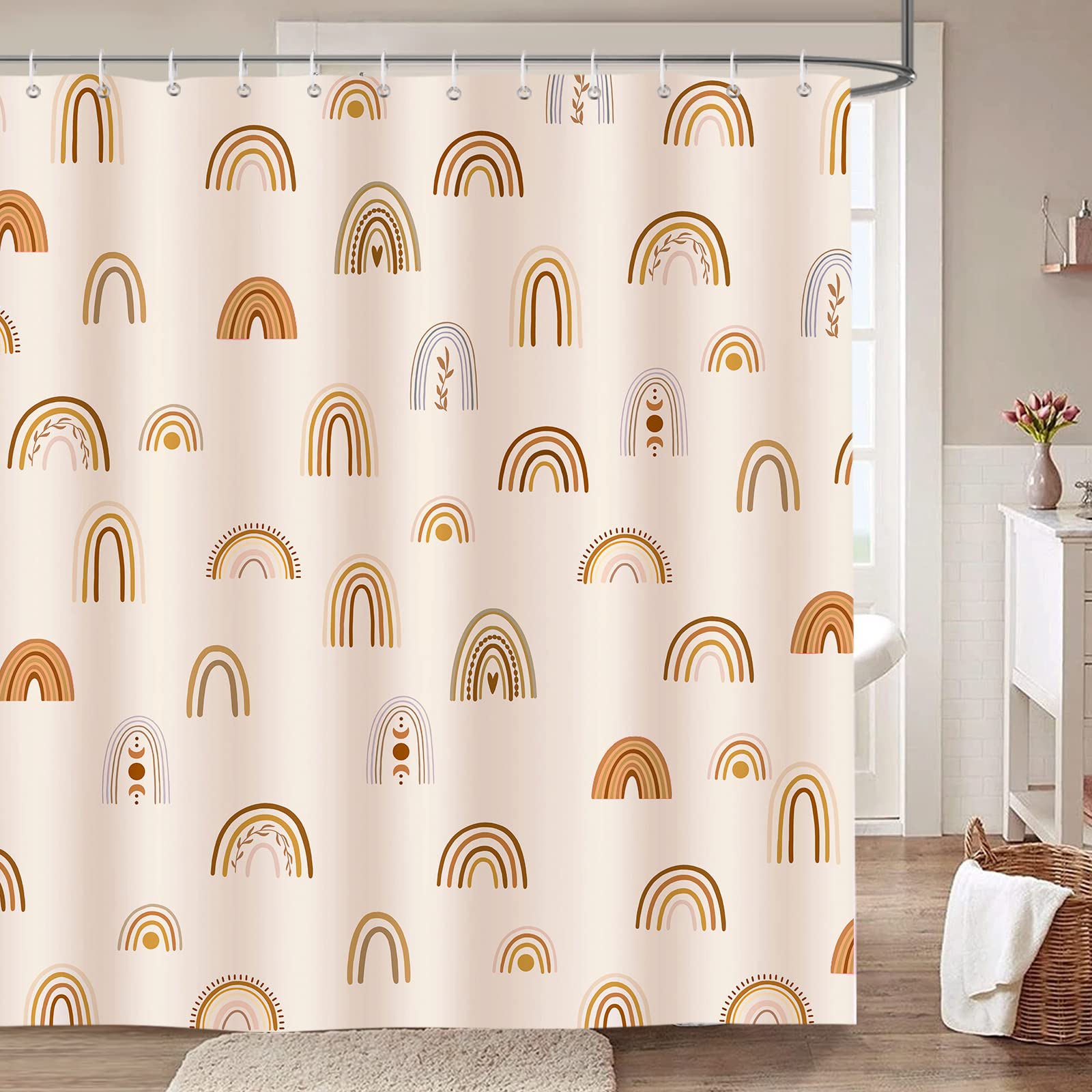 Bonhause Boho Rainbow Shower Curtain 72 x 72 Inch Mid Century Abstract Minimalist Kids Decorative Bath Curtain Polyester Fabric 
