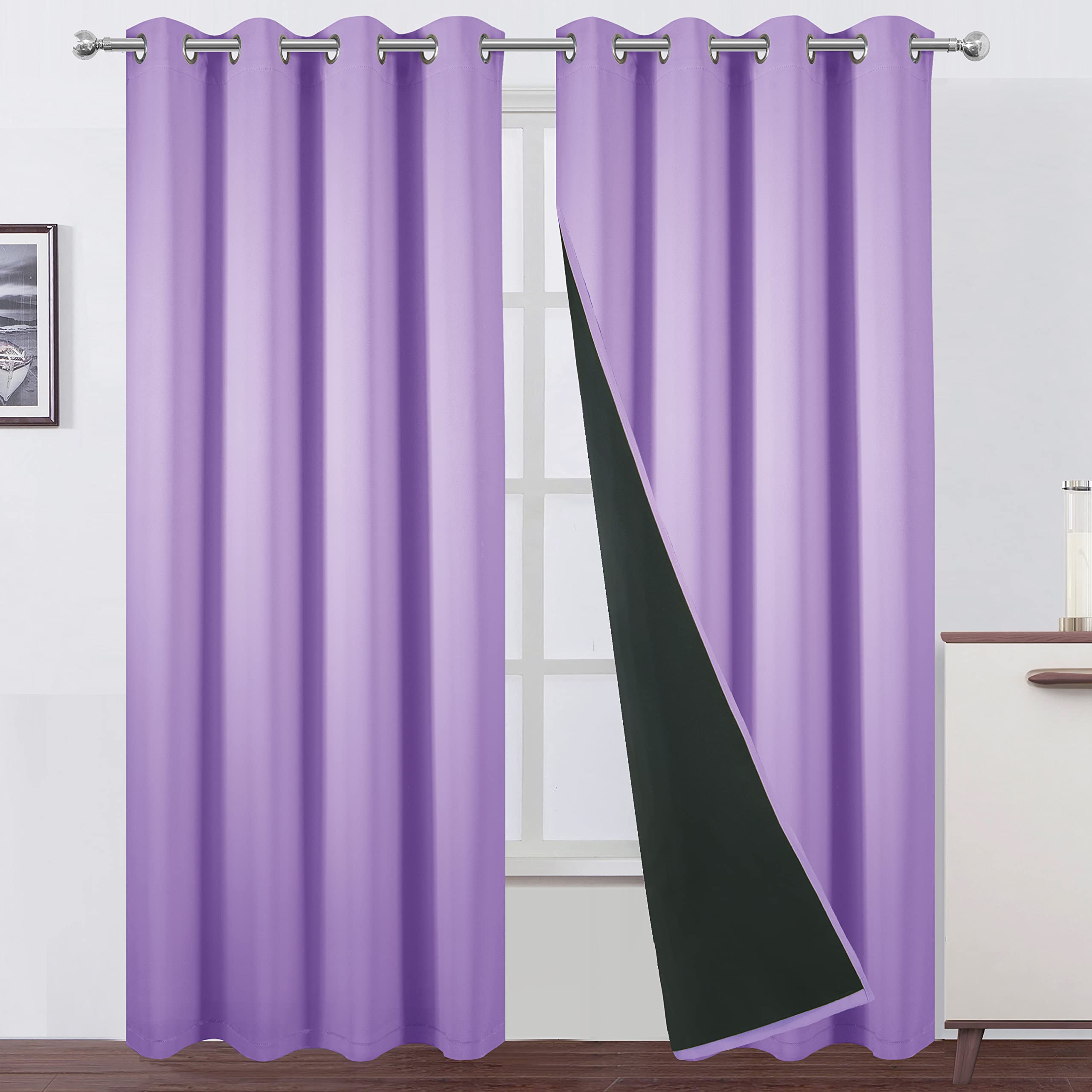LEMOMO 100% Blackout Curtains 52 x 95 Inch/Lavender Curtains 2 Panels with Black Lining Room Darkening Thermal Insulated Bedroom