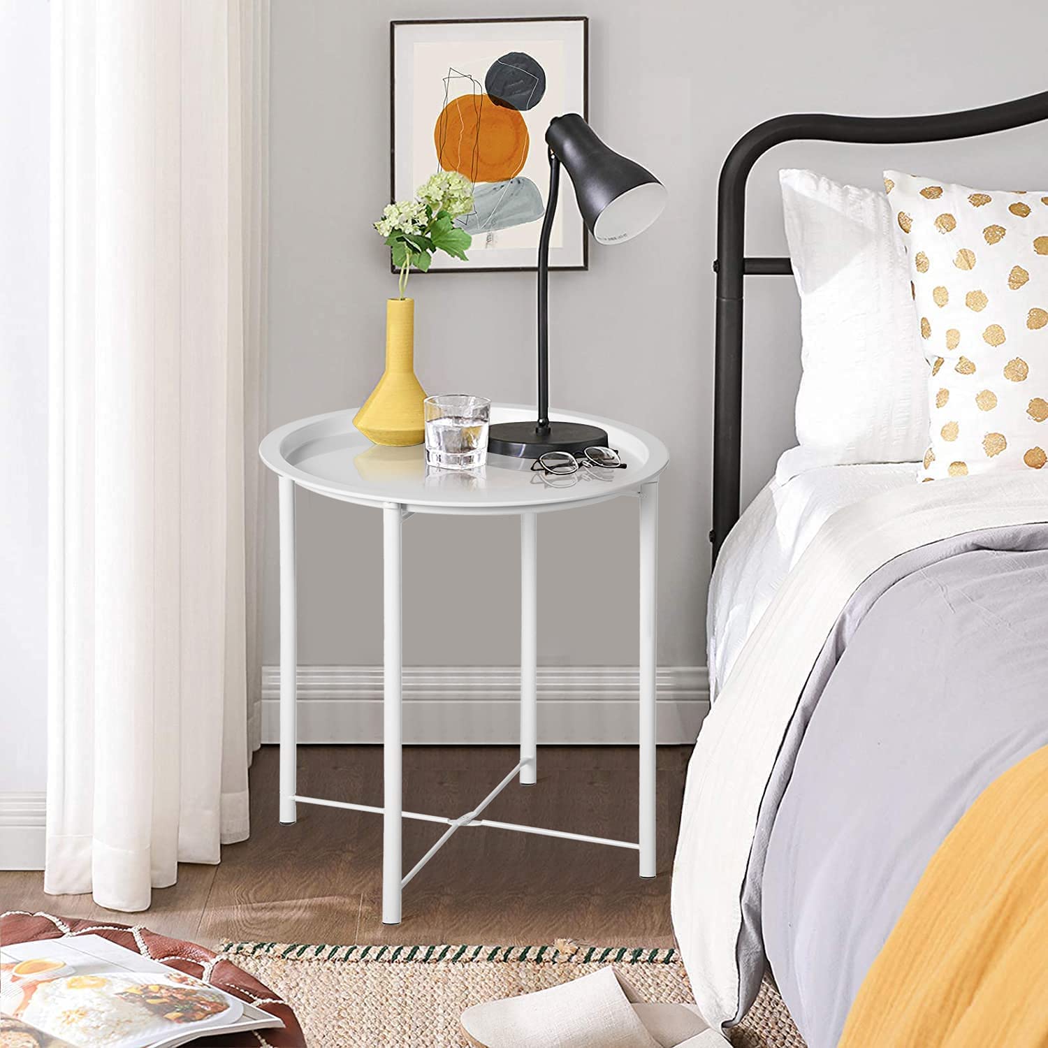 Vecelo Side/End Table, Folding Round Metal Anti-Rust And Waterproof Outdoor Or Indoor Tray For Living Room Bedroom Balcony And Office, 1 Pcs, Beige