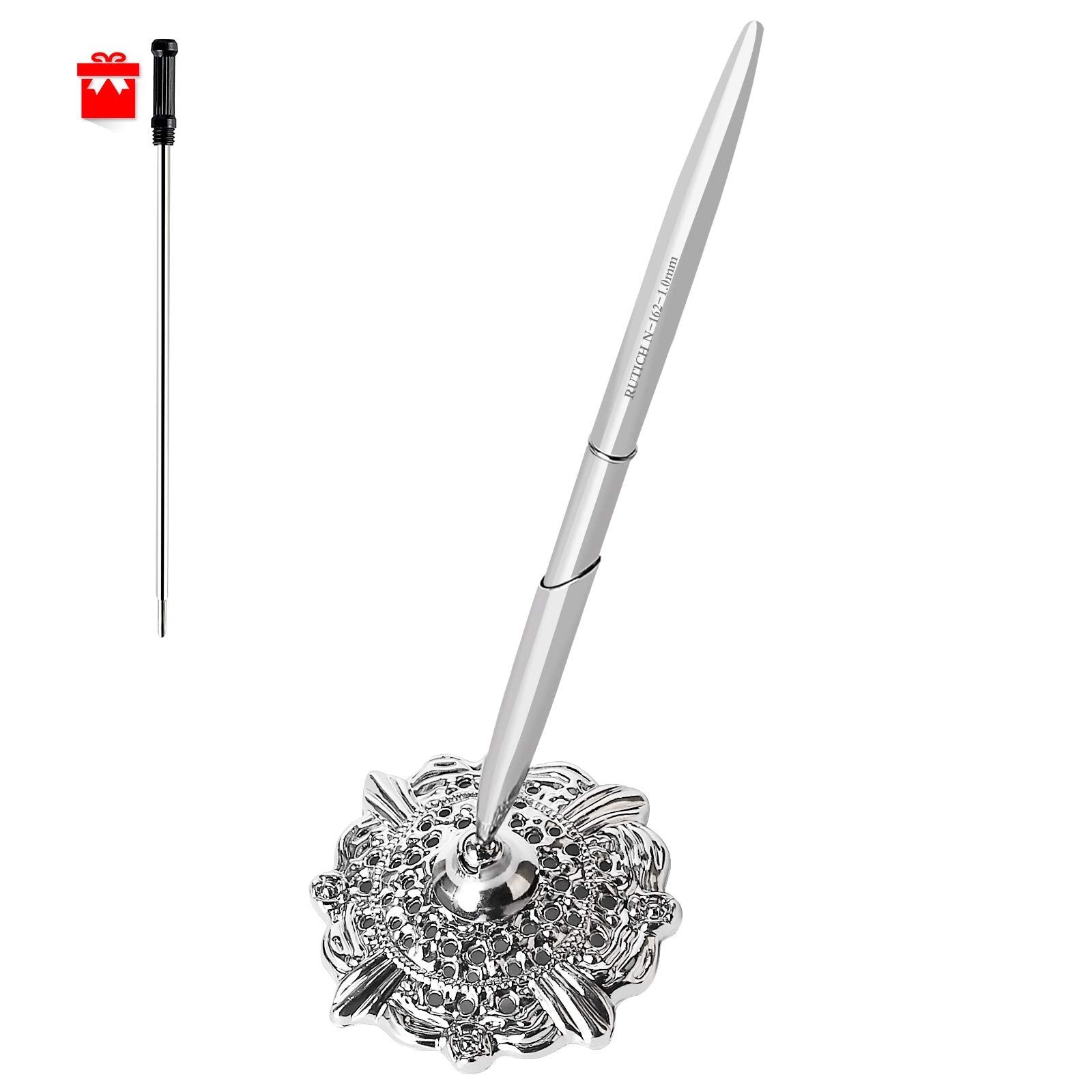 Rutich Hollow Round Pen Holder Signing Pen Set For Wedding Bridal, Silver