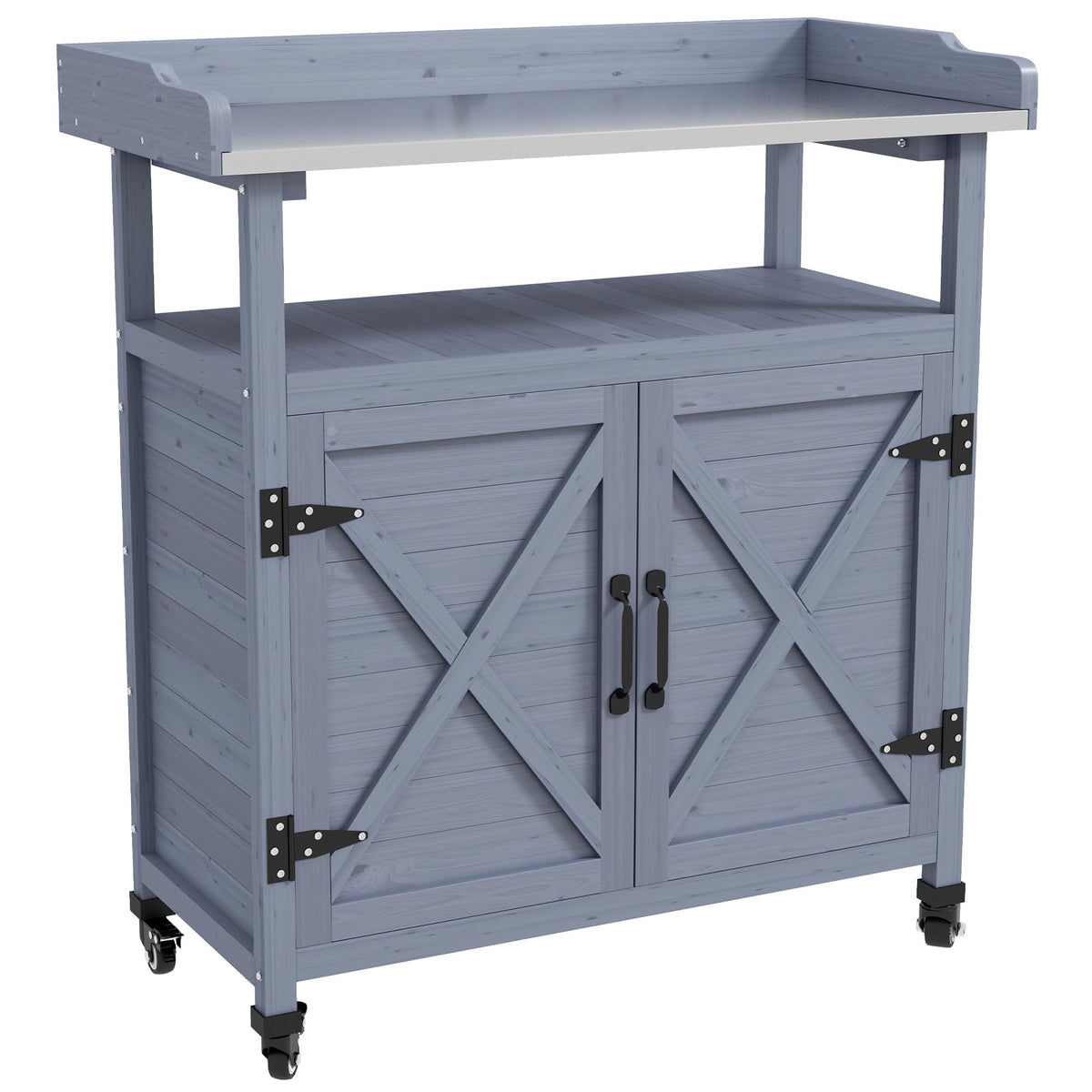 Outsunny Outdoor Wooden Potting Bench Table, Garden Workstation With Storage Cabinet, Aluminum Table Top, Rubber Wheels For Back