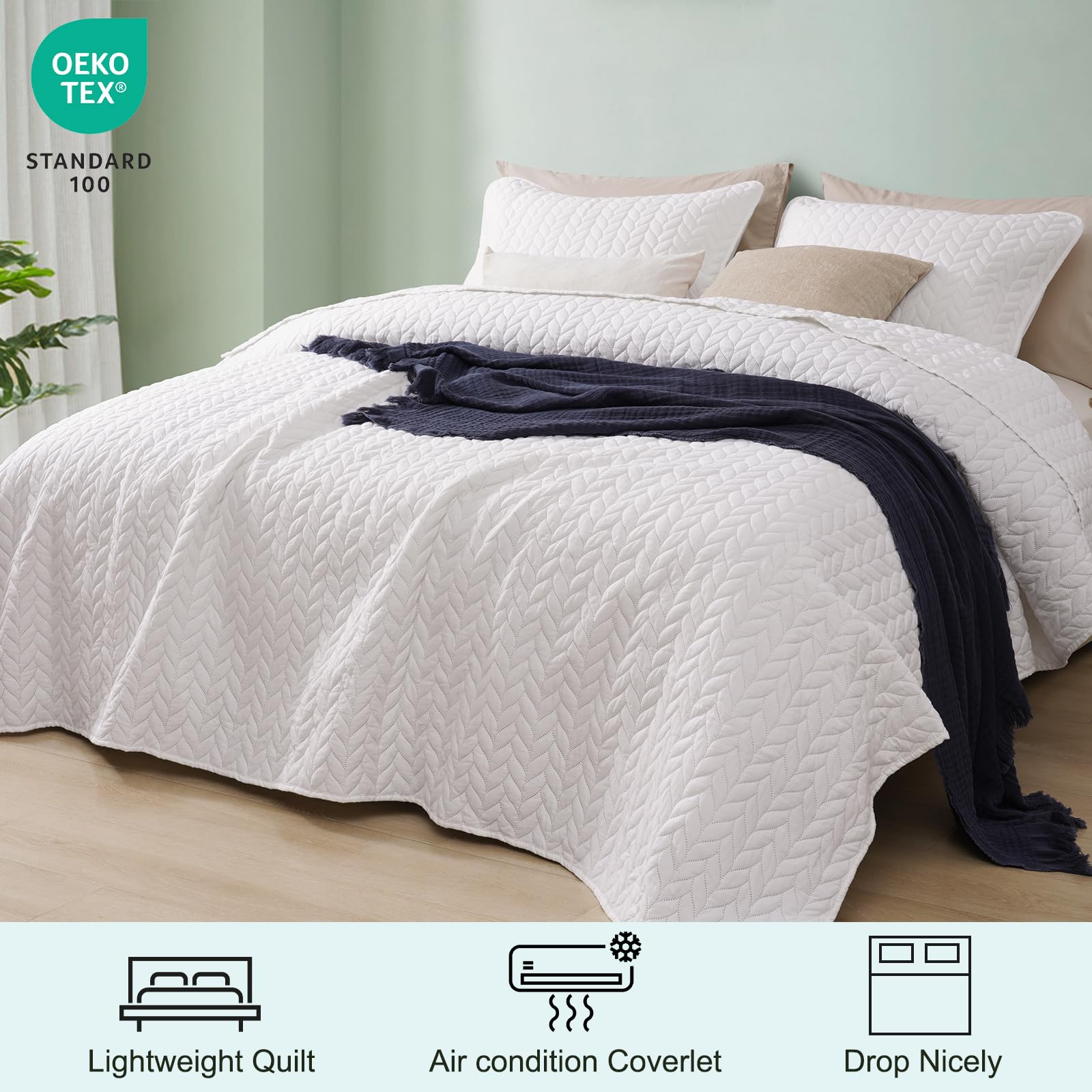 Phf Quilt Bedding Set Twin Size - Lightweight Summer Bedspread, 2Pcs Soft Breathable Leaf Pattern Bedding Coverlet For All Season, Drop Nicely Quilt 68' X 86'With 1 Pillow Shams, Coconut White