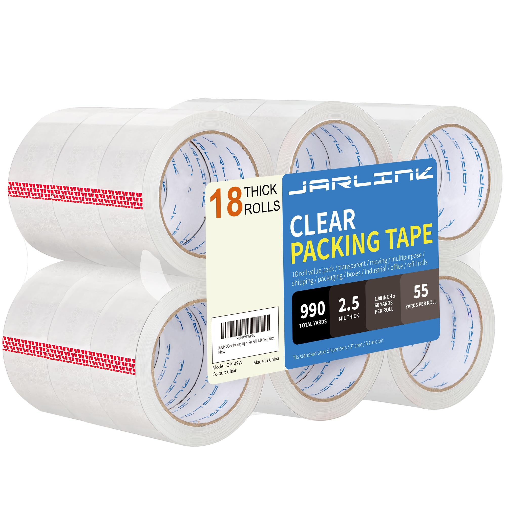Jarlink Clear Packing Tape (18 Rolls), Heavy Duty Packaging Tape For Shipping Packaging Moving Sealing, 1.88 Inches Wide, 55 Yar