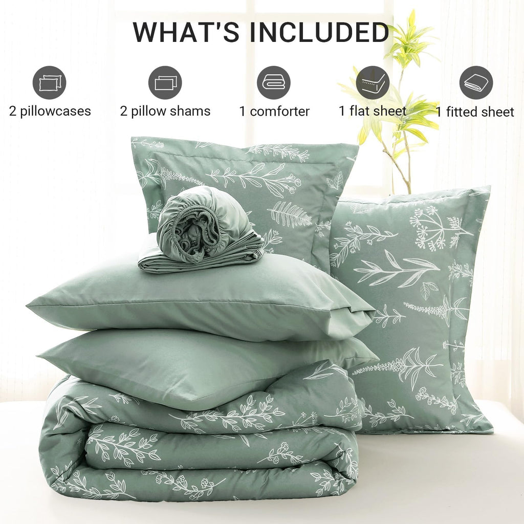 Muxhomo Bed In A Bag Queen 7 Pieces, Sage Green Queen Comforter Set Reversible Botanical Flowers Design, Ultra Soft & Breathable