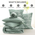 Muxhomo Bed In A Bag Queen 7 Pieces, Sage Green Queen Comforter Set Reversible Botanical Flowers Design, Ultra Soft & Breathable