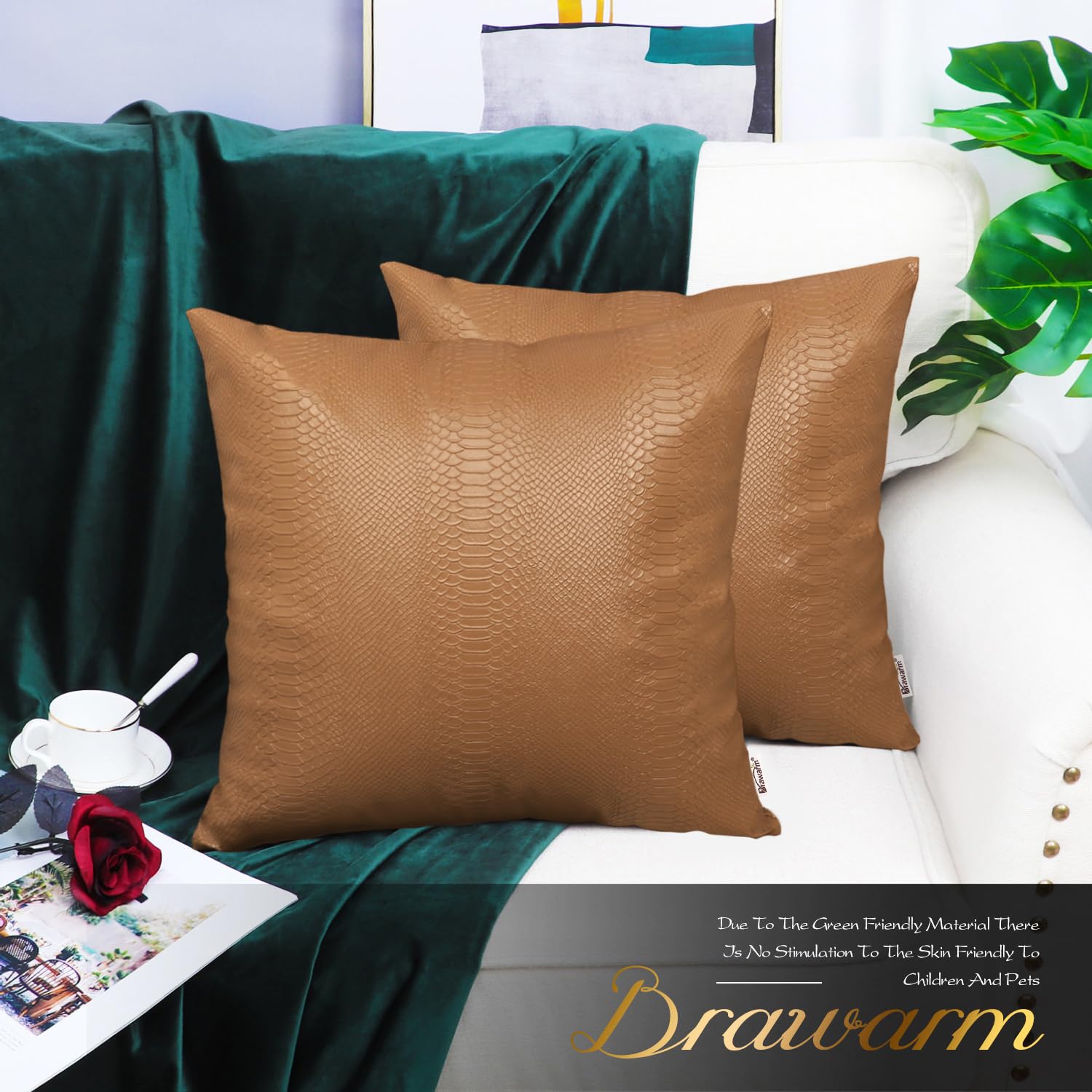 Brawarm Tan Leather Throw Pillows 22 X 22 Inches, Snake Leather Pillow Covers Pack Of 2, Faux Leather Decorative Pillow Covers F