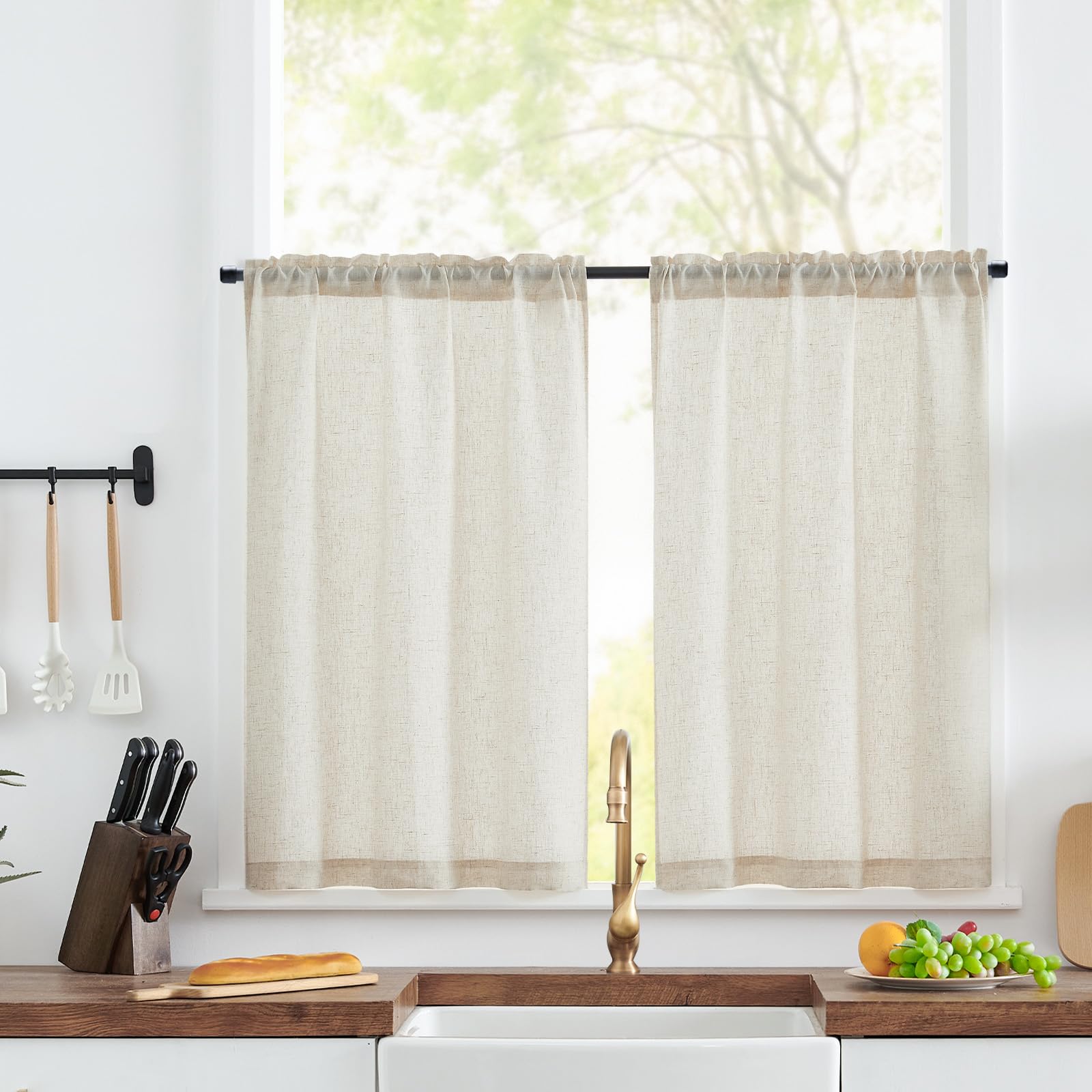 jinchan Beige Linen Kitchen Curtains 45 Inch Tier Curtains Farmhouse Cafe Light Filtering Small Window Drapes Flax Country Rusti