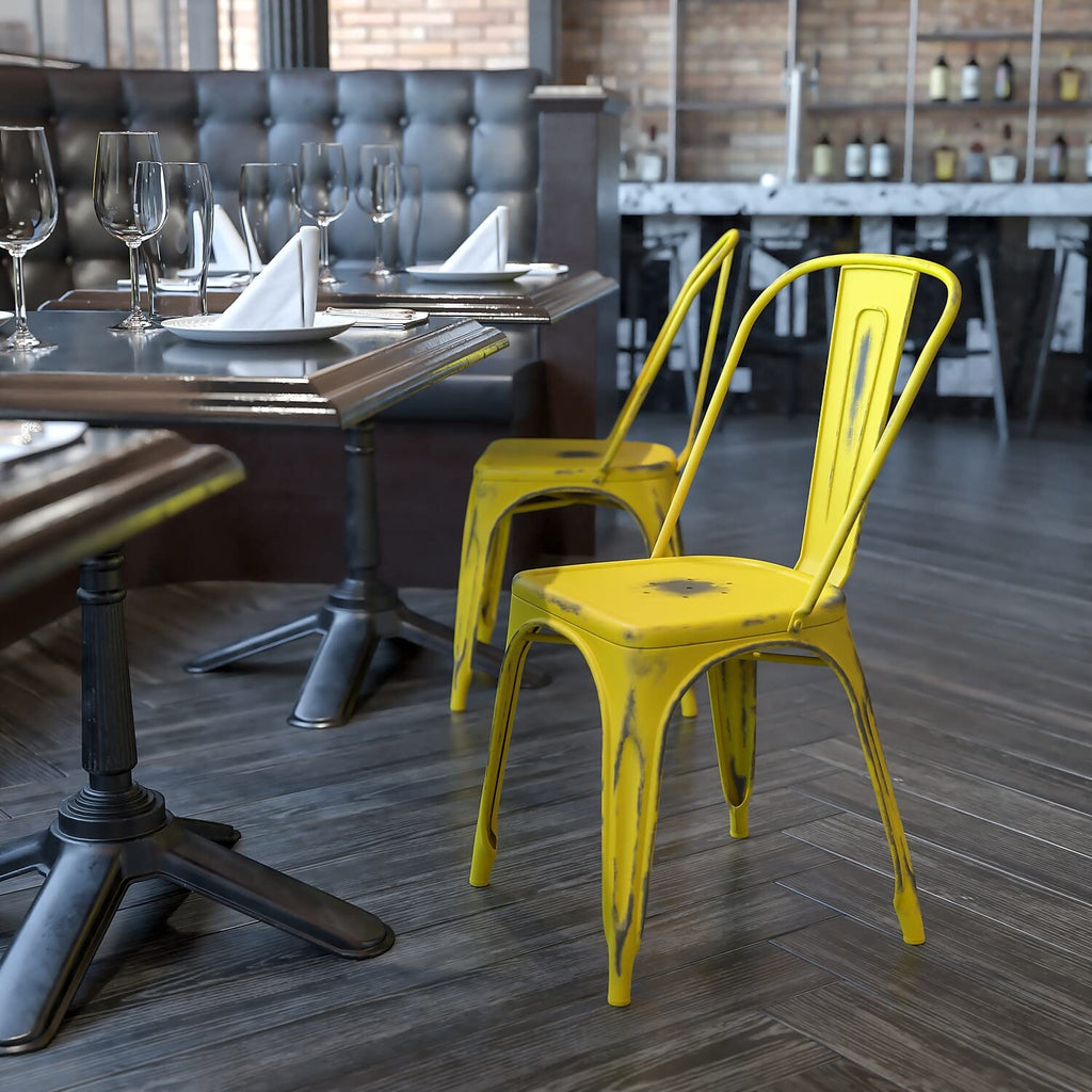 Flash Furniture Commercial Grade Distressed Yellow Metal Indoor-Outdoor Stackable Chair