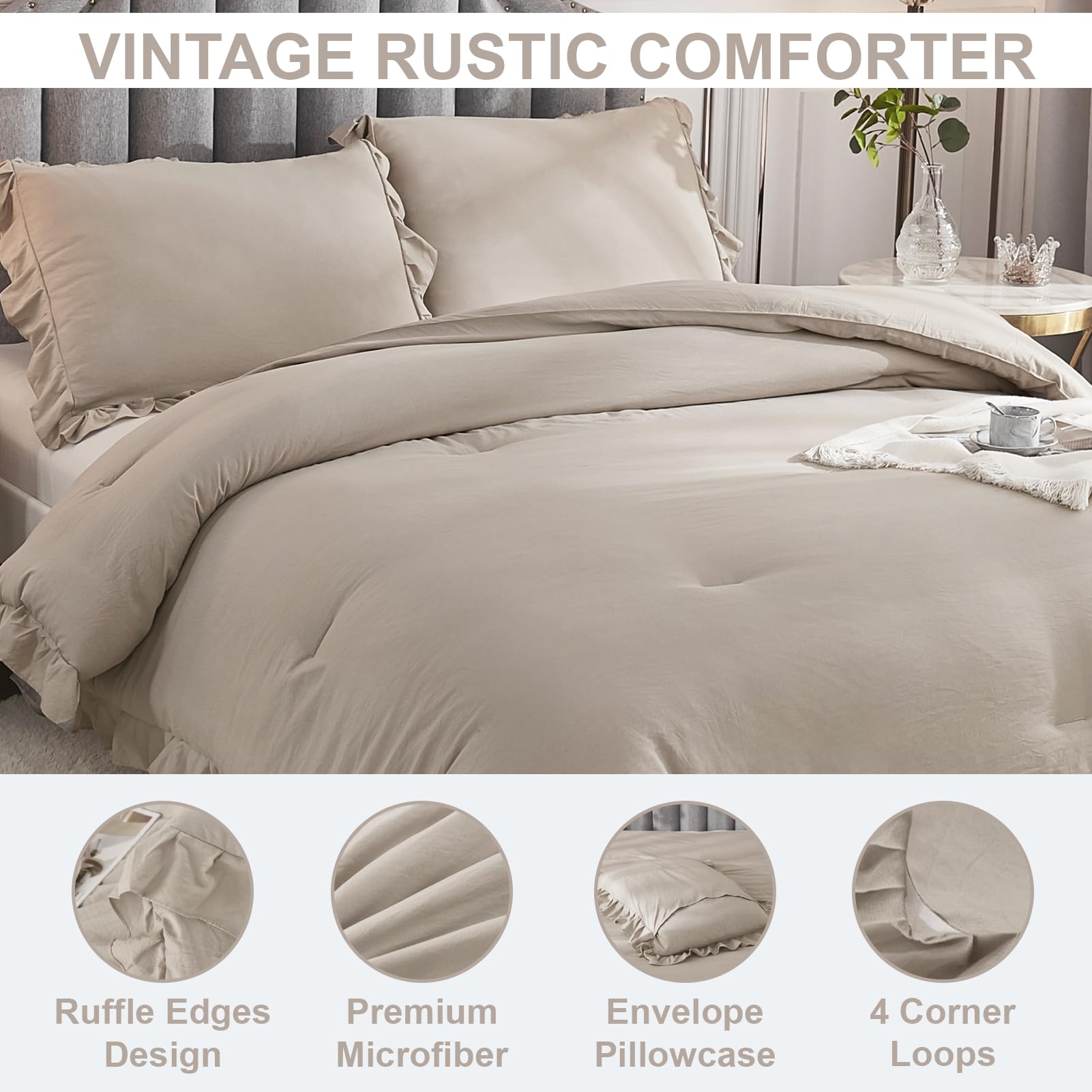 Andency Wheat Ruffle Comforter Set, 2 Pieces Kids Comforter Set Twin(66X90Inch), Farmhouse Shabby Chic Comforter Set, Soft Microfiber Kids Bedding Set