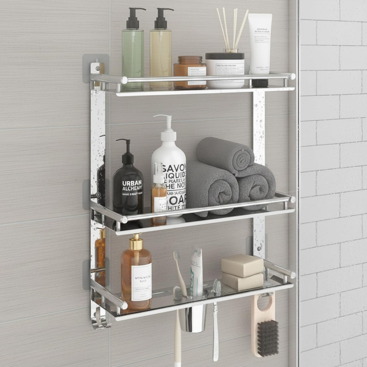 Pivalo 6 in 1 Stainless Steel Bathroom Shelf Multipurpose Home Accessories Organizer Set Corner Wall Mount 3 Layer Rack with Mir