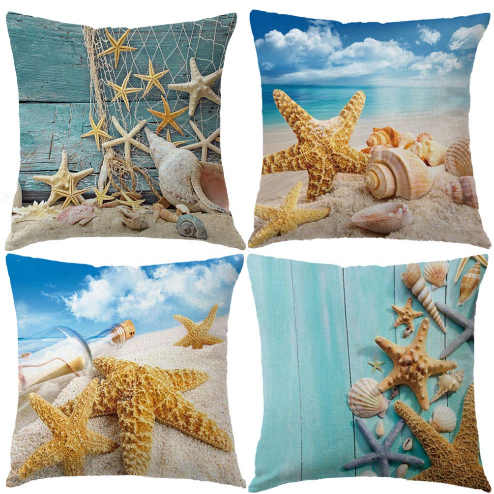 7Colorroom Nautical Coastal Decor Pillow Covers Starfish/Seashell/Sand/Conch/Beach House Decorative Cushion Covers 18 X 18 Inch