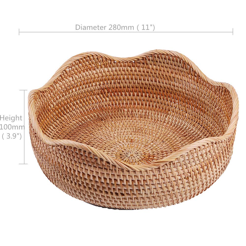 Amololo Handmade Rattan Round Fruit Basket Food Storage Bowls Kitchen Organizer Snack Serving Bowl, 11 Inch Boho Wicker Bread Bo