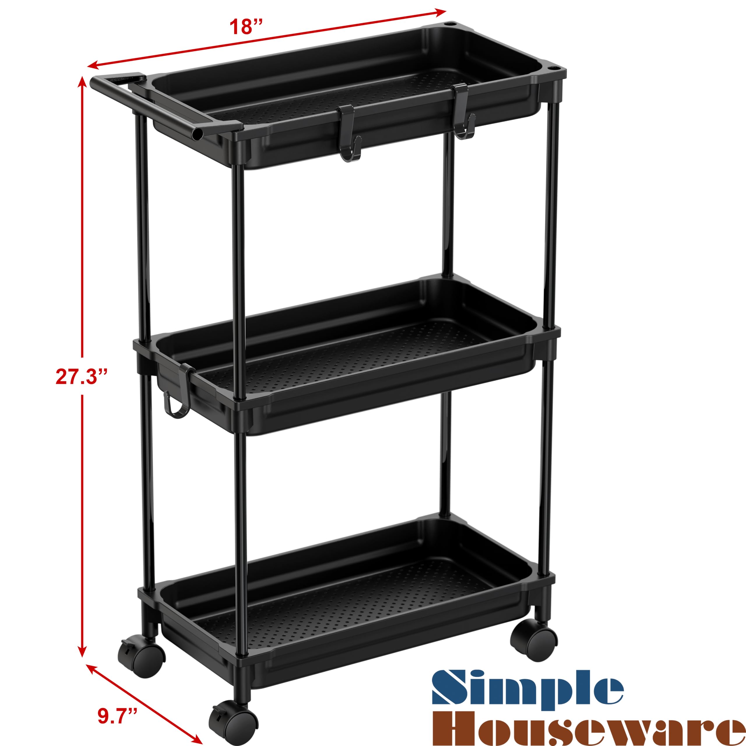 Simple Houseware Standard 3-Tier Slim Rolling Storage Cart, Black