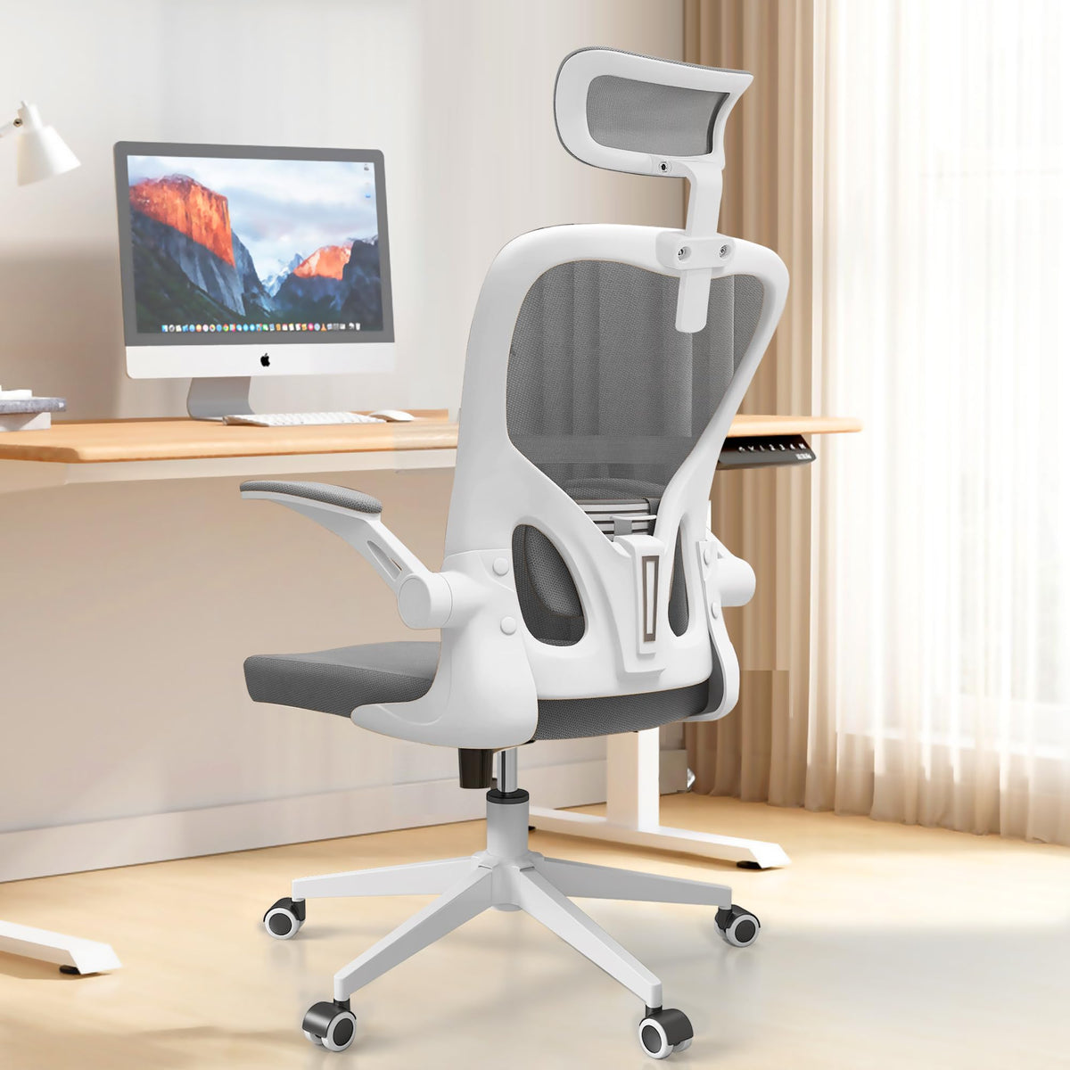Monhey Office Chairs, Ergonomic Office Chair, Computer Chair With Adjustable Headrest, Lumbar Support, 2D Armrest, Metal Base An