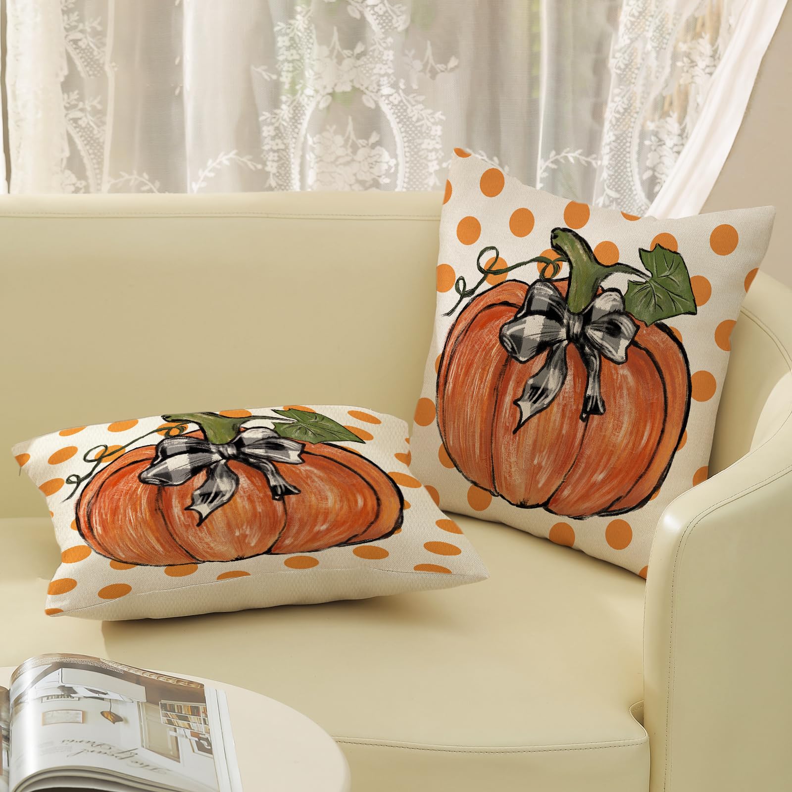 Gohdiwh Fall Pillow Covers 20X20 Set Of 2 Orange Pumpkin Leaf And Polka Dot Fall Decor Pillowcase Autumn Thanksgiving Decorative