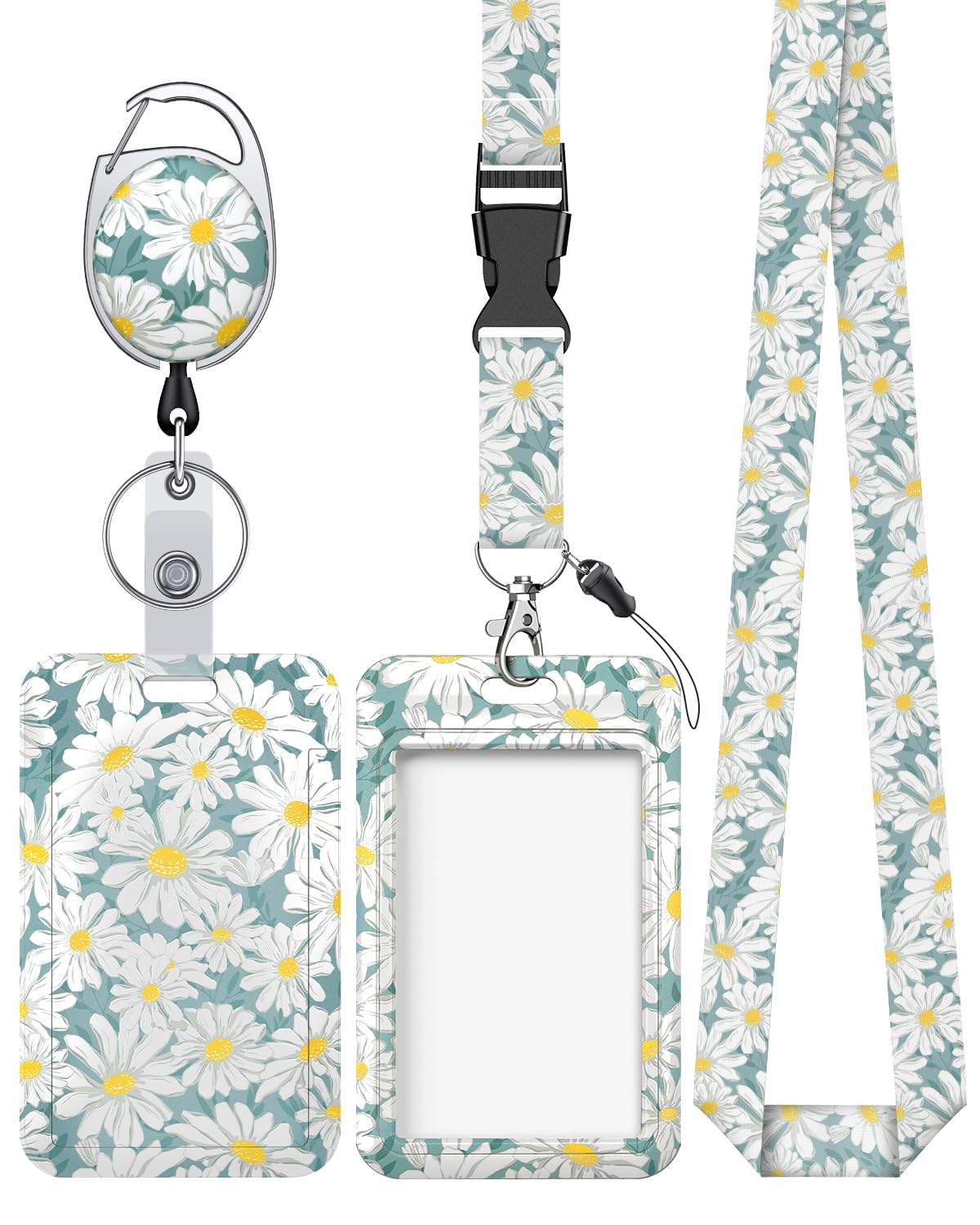 Uniclife Floral Sliding Badge Holder Daisy Flower Plastic Case With Retractable Badge Reel Carabiner Clip & Detachable Lanyard S