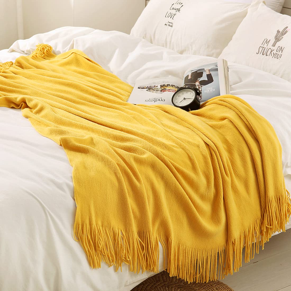 Homiest Decorative Knitted Throw Blanket With Fringe Soft & Cozy Tassel Blanket For Couch Sofa Bed (Yellow,50X60)