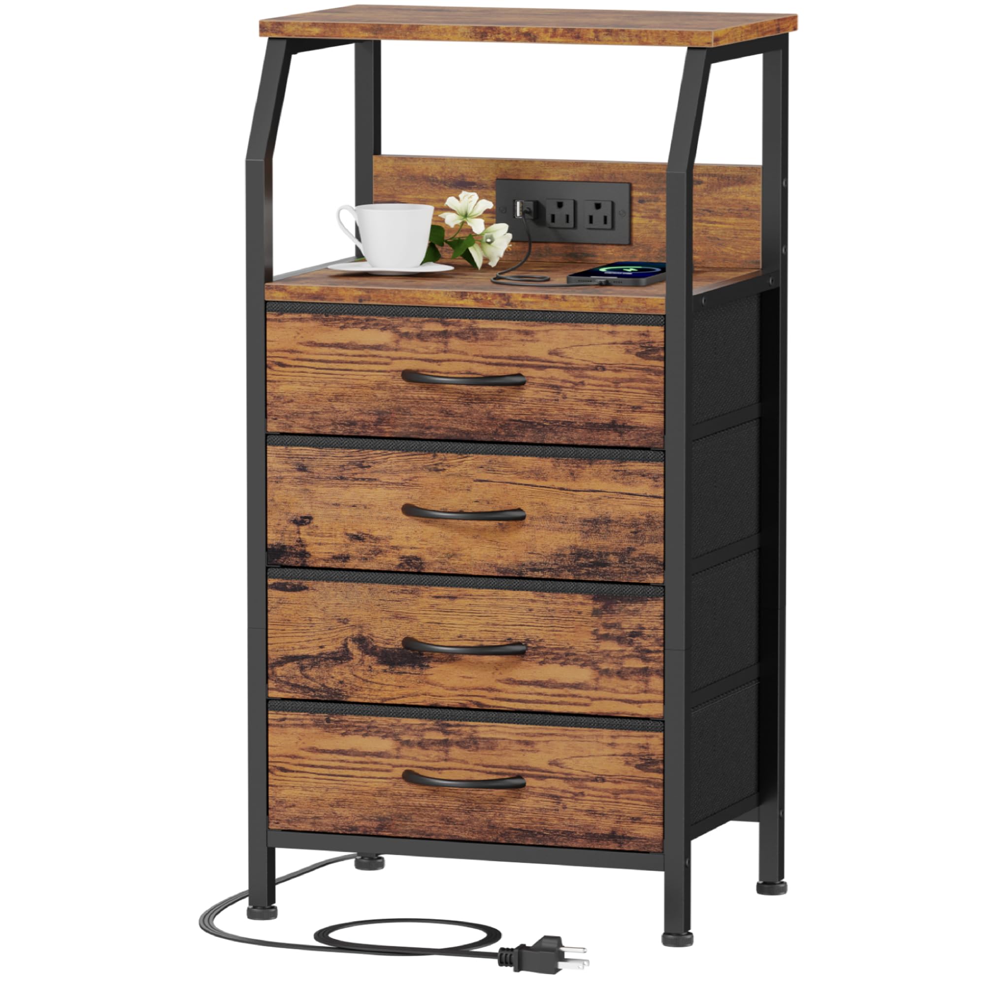 Furnulem Night Stand With Charging Station, Small Dresser With 4 Fabric Drawers, 33.3 Inch Tall Bedside Table, Storage Tower For Closet, Entryway, Bedroom Furniture, 3 Ways To Use, Rustic Brown
