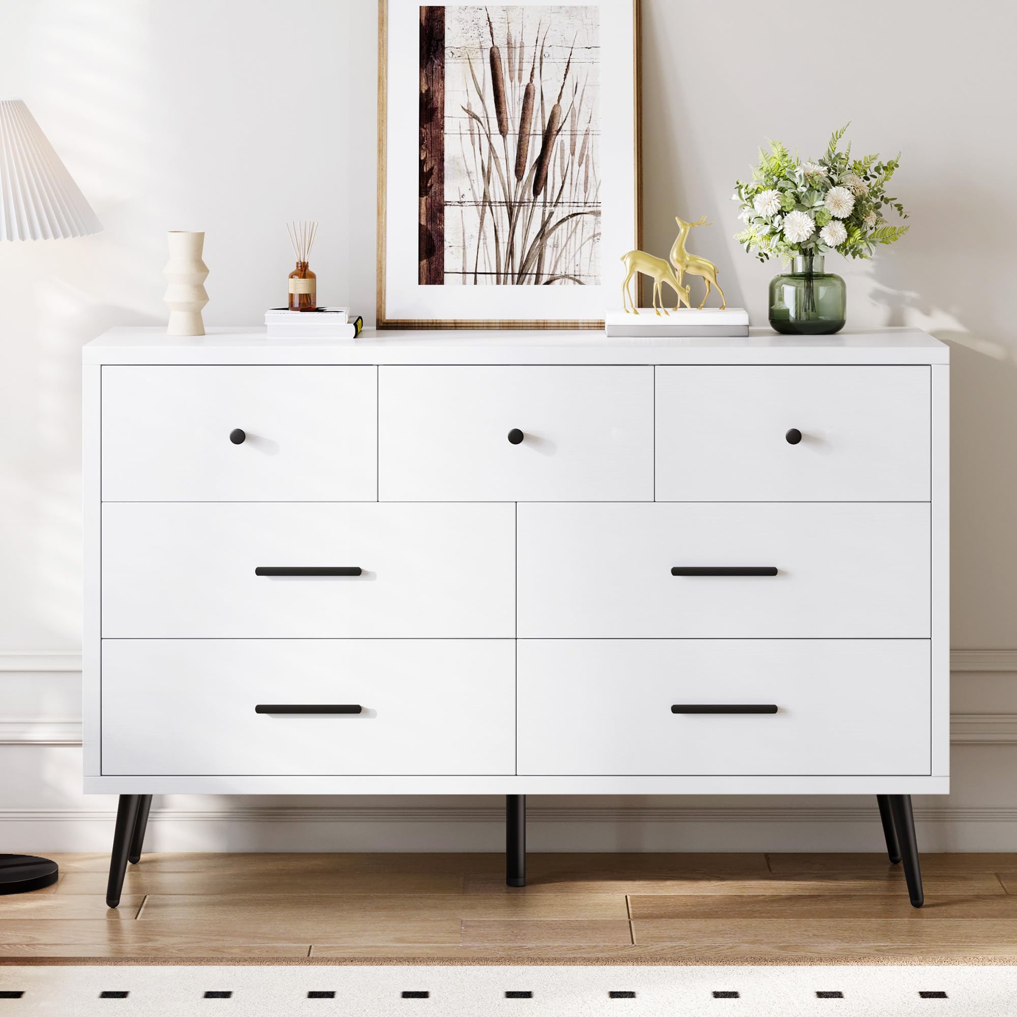 DWVO White 7 Drawer Dresser, 47 W Large Double Dresser Chest of Drawers, Modern Wood Storage Organizer with Black Metal Handles 