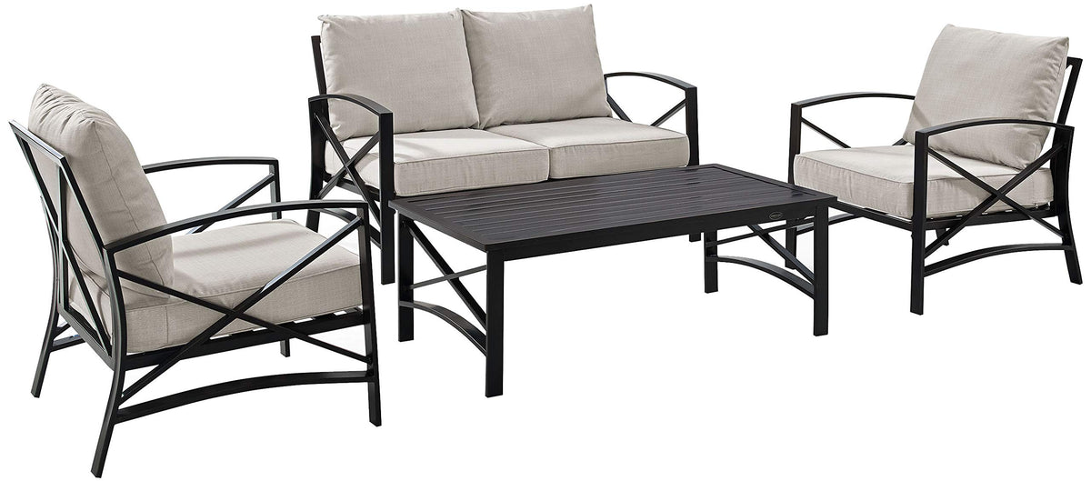 Crosley Furniture Kaplan 4-Piece Outdoor Loveseat Patio Furniture Set, Conversation Sets for Porch, Deck, Oiled Bronze with Oatmeal Cushions