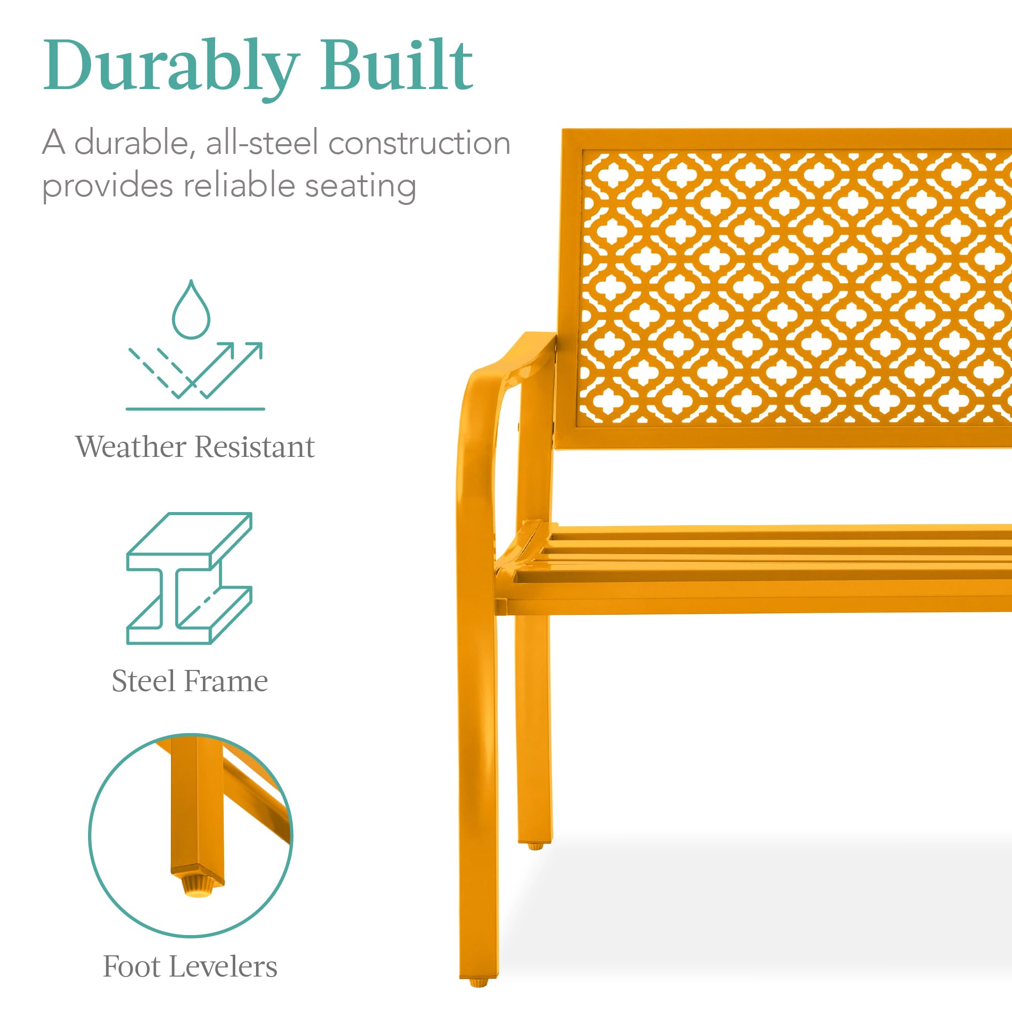Best Choice Products Outdoor Bench 2-Person Metal Steel Benches Furniture For Garden, Patio, Porch, Entryway W/Geometric Backrest, 790Lb Capacity - Marigold