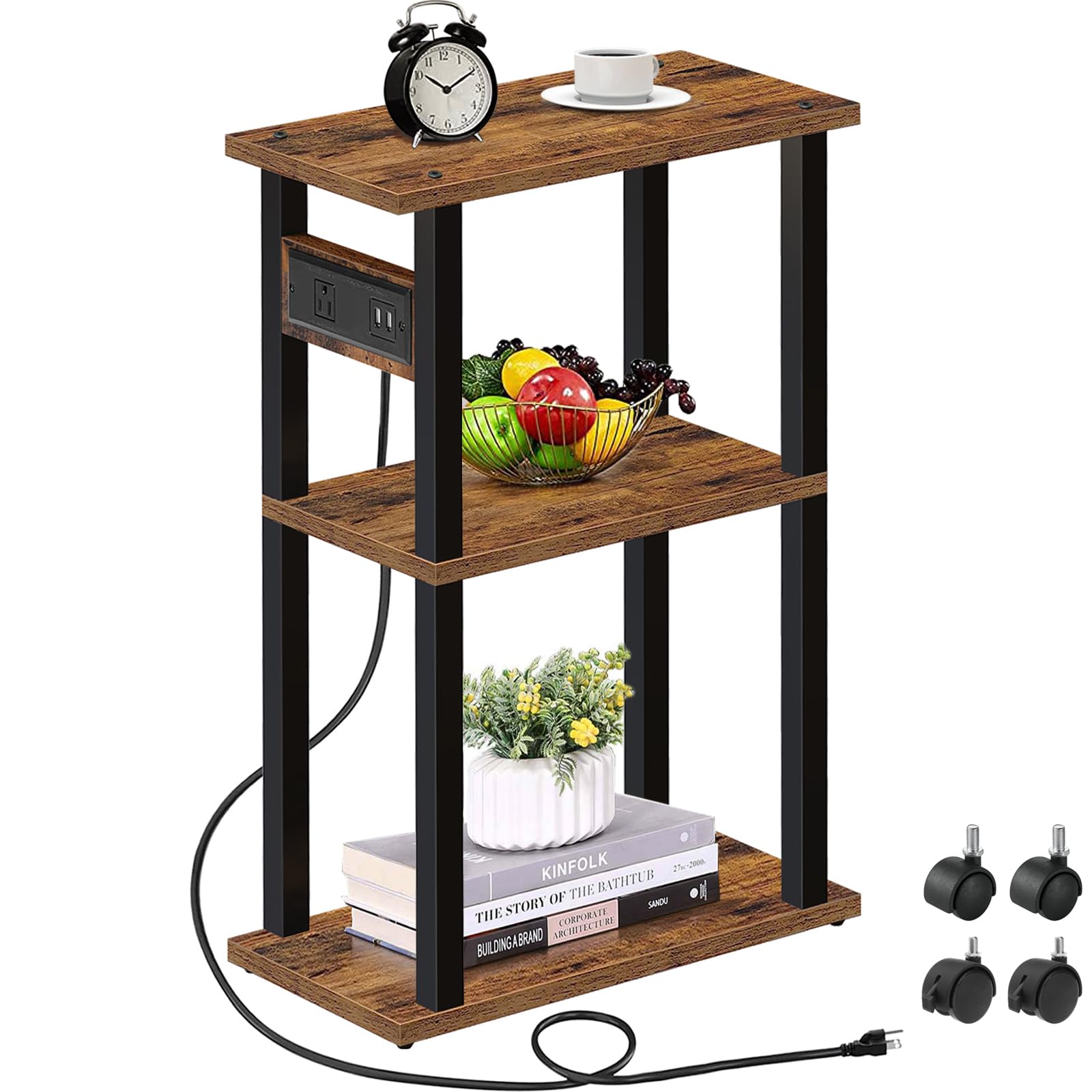 Tutotak Small Narrow Side Table With Charging Station, Skinny End Table For Small Spaces, Slim Nightstand With Usb Ports And Outlet, Sofa Beside Table With Wheels, Brown Tb01Bb046