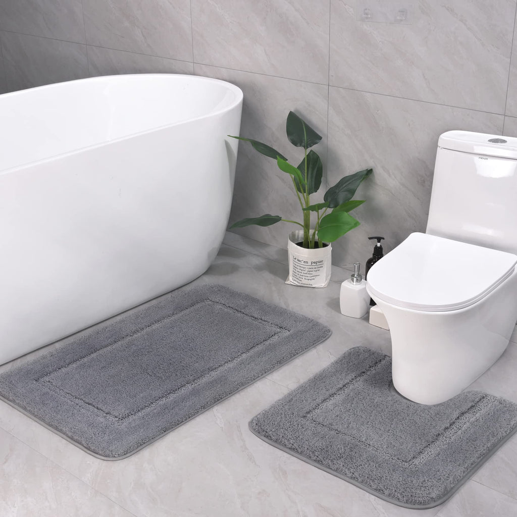 LOCHAS Bathroom Rug Set Light Grey, Soft Bath Rug Set 2 Piece Set, Toilet Mat U-Shaped 20x20 and 34x20 Bathroom Rugs, Quickly Dr