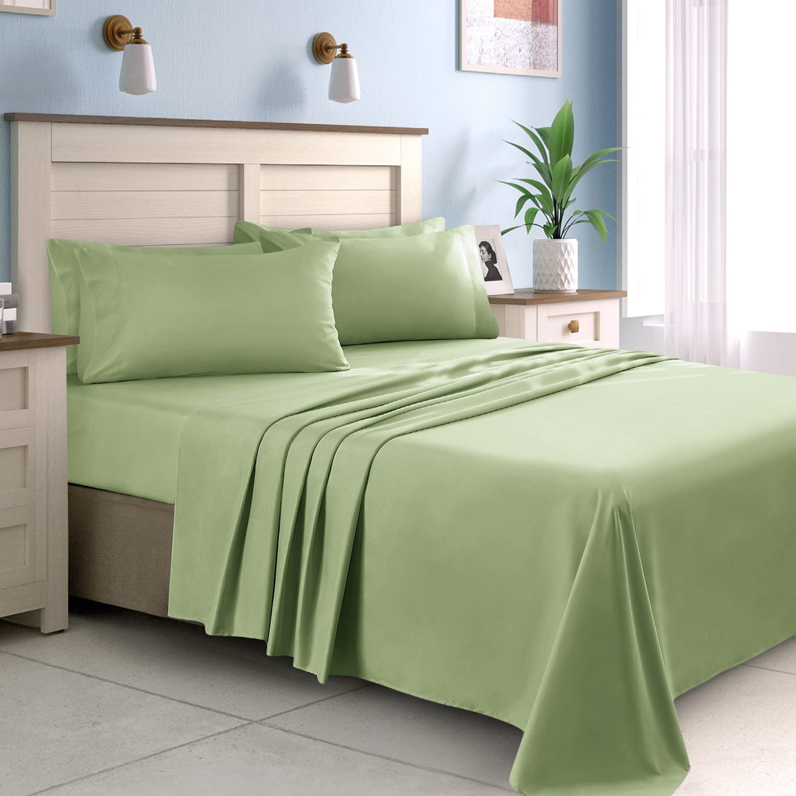 Homeideas Full Size Bed Sheets - 6 Piece Set (Sage Green) - Extra Soft Brushed Microfiber 1800 Bedding Sheets, Deep Pocket, Wrinkle & Fade Free