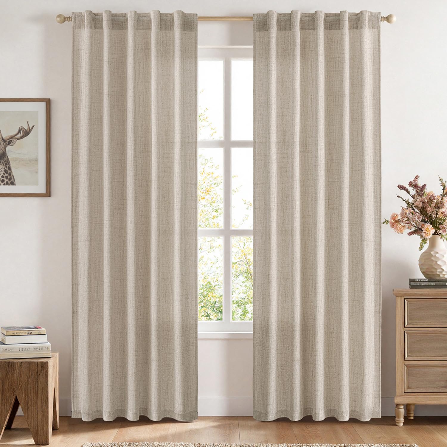 MIULEE Faux Linen Curtains 84 Inch Length 2 Panels Natural Khaki Semi Sheer Curtain with Back Tab Rod Pocket, Light Filtering Wi